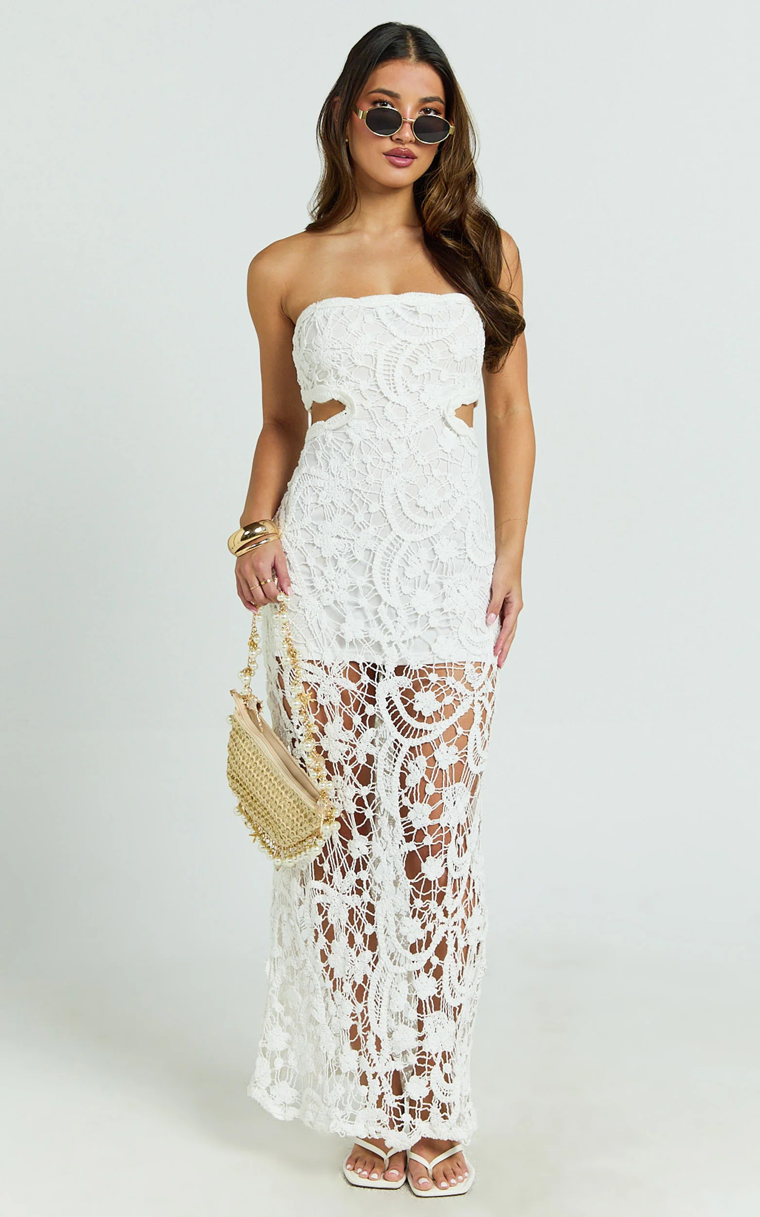 Heather Maxi Dress - Square Neck Strappy Fitted Crochet Column Dress in White