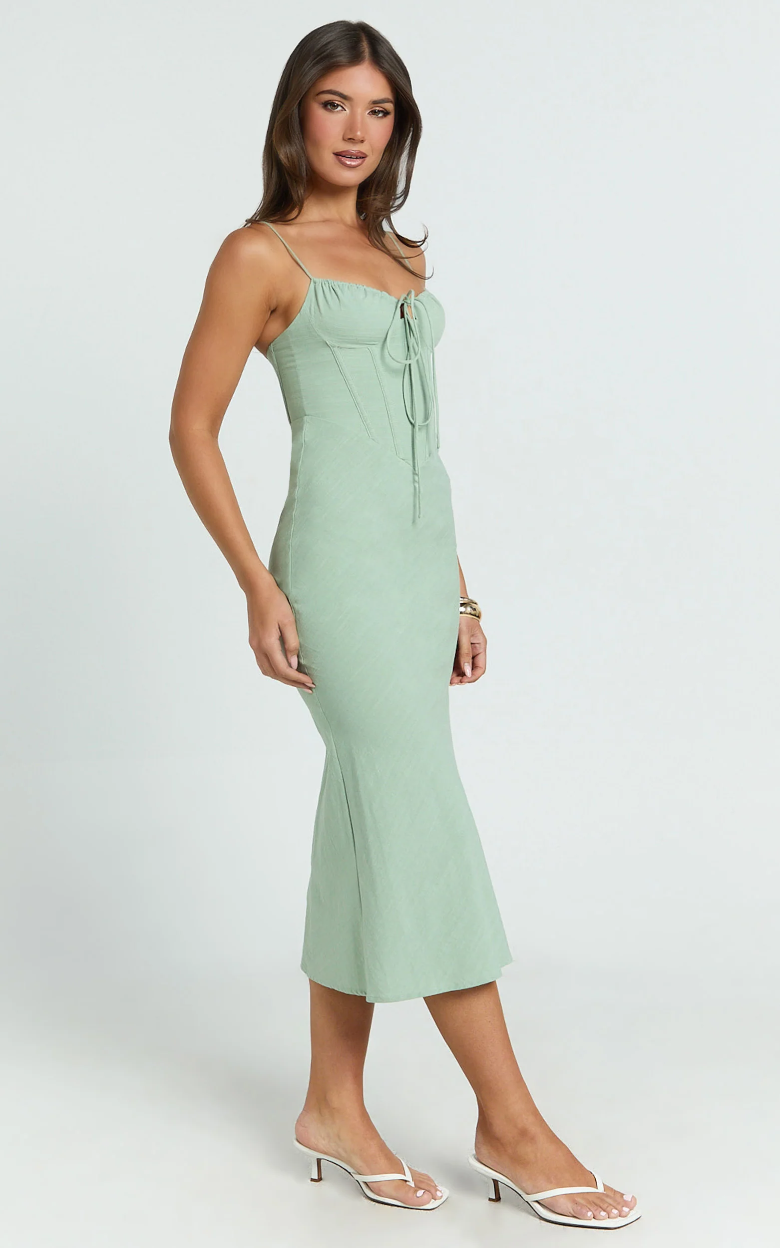 Mikayla Midi Dress - Linen Scoop Neck Ruched Bust Corset Waist Bias Skirt Dress in Sage