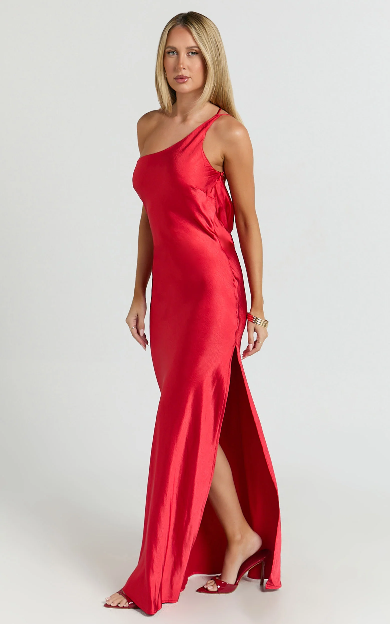 Helga Maxi Dress - Satin One Shoulder Cowl Back Bias Cut Dress in Red