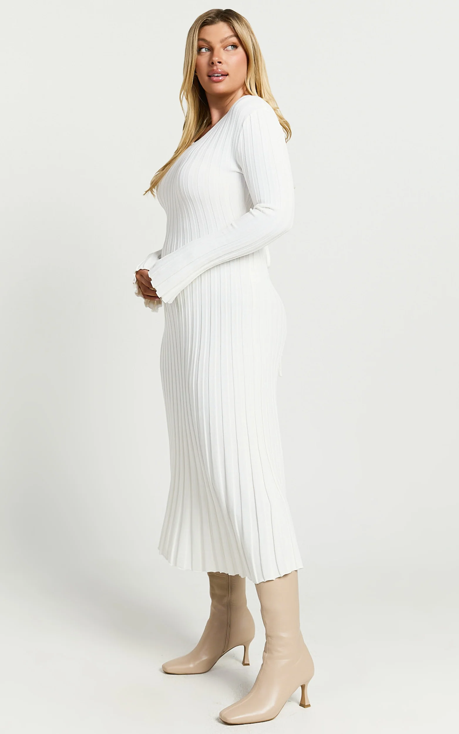 Blaire Midi Dress - Long Sleeve Tie Back Flare Dress in Ivory
