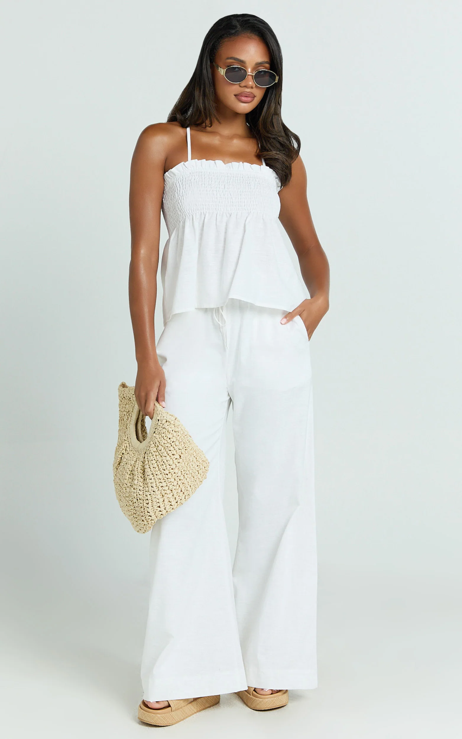 Alma Two Piece Set - Cotton Cami Pant Set in White