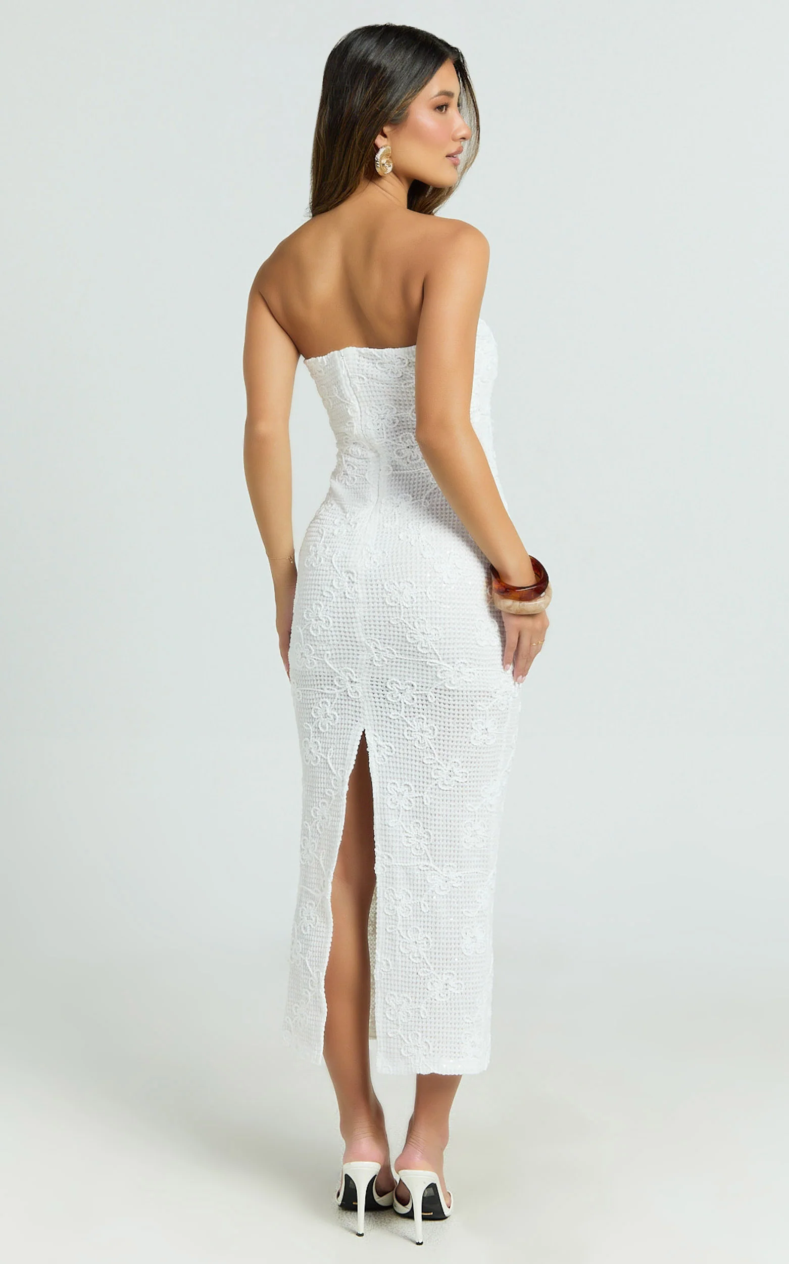 Jamil Midi Dress - Strapless Fitted Jersey Dress in White