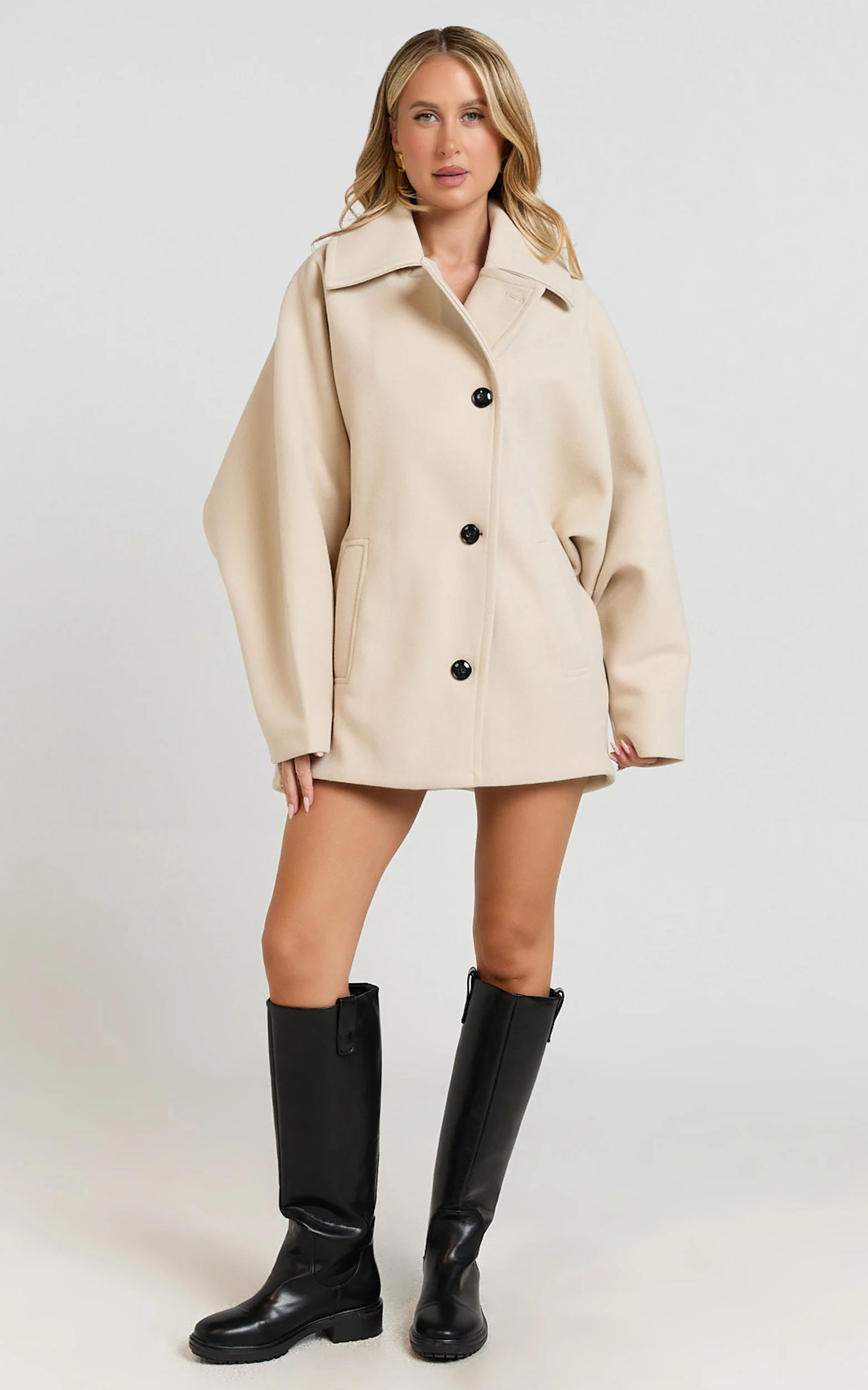 Claudia Coat - Button Front Closure Coat in Beige