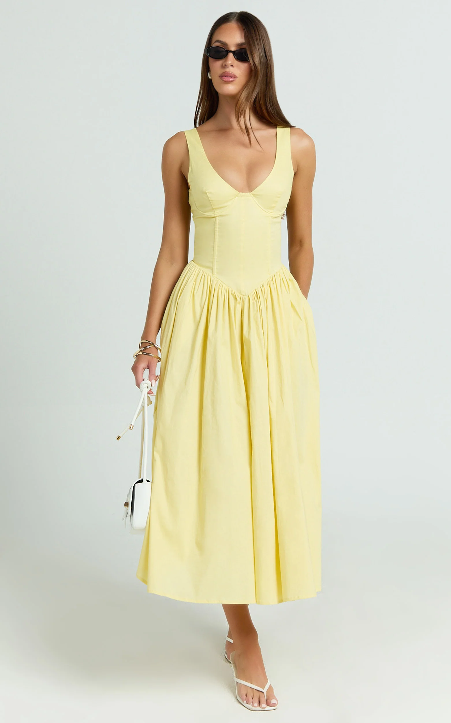 Beckett Midi Dress - Scoop Neck Drop V Waist Gathered Skirt Dress in Butter Yellow