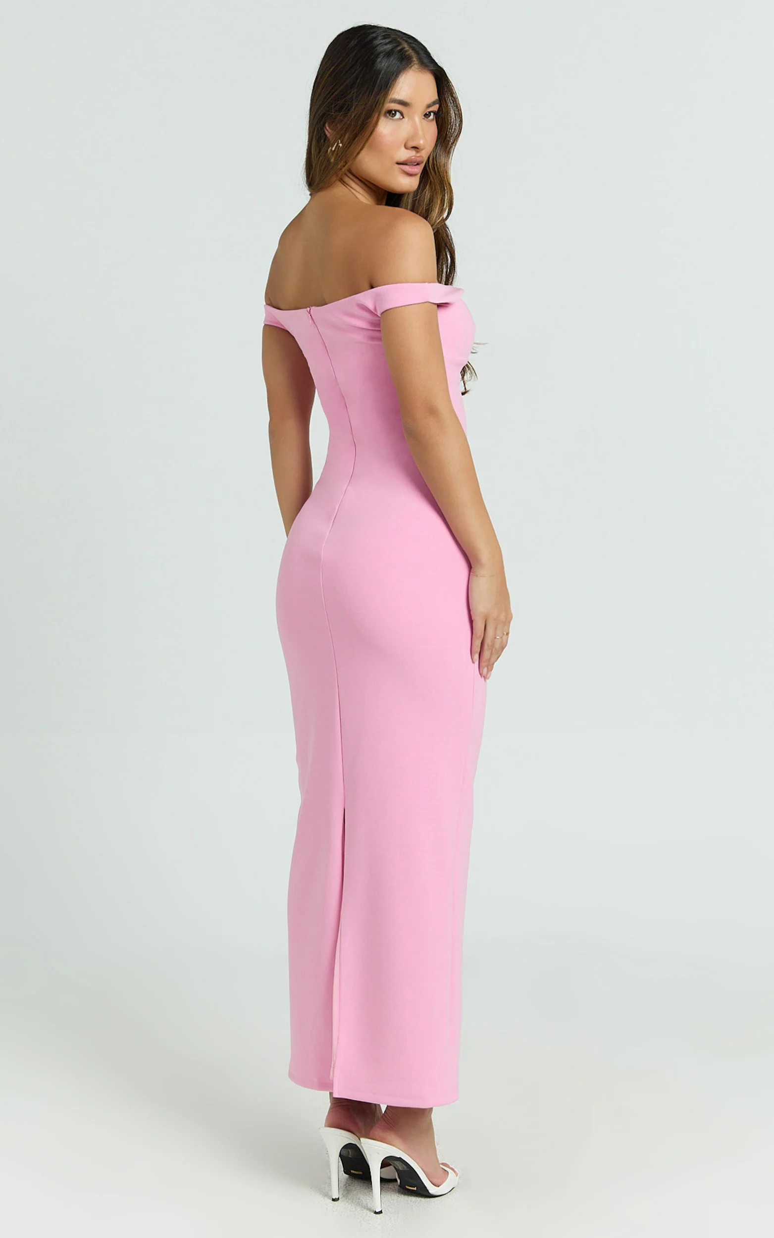 Vinnie Midi Dress - Off Shoulder Bustier Side Tuck Fitted Dress in Pink