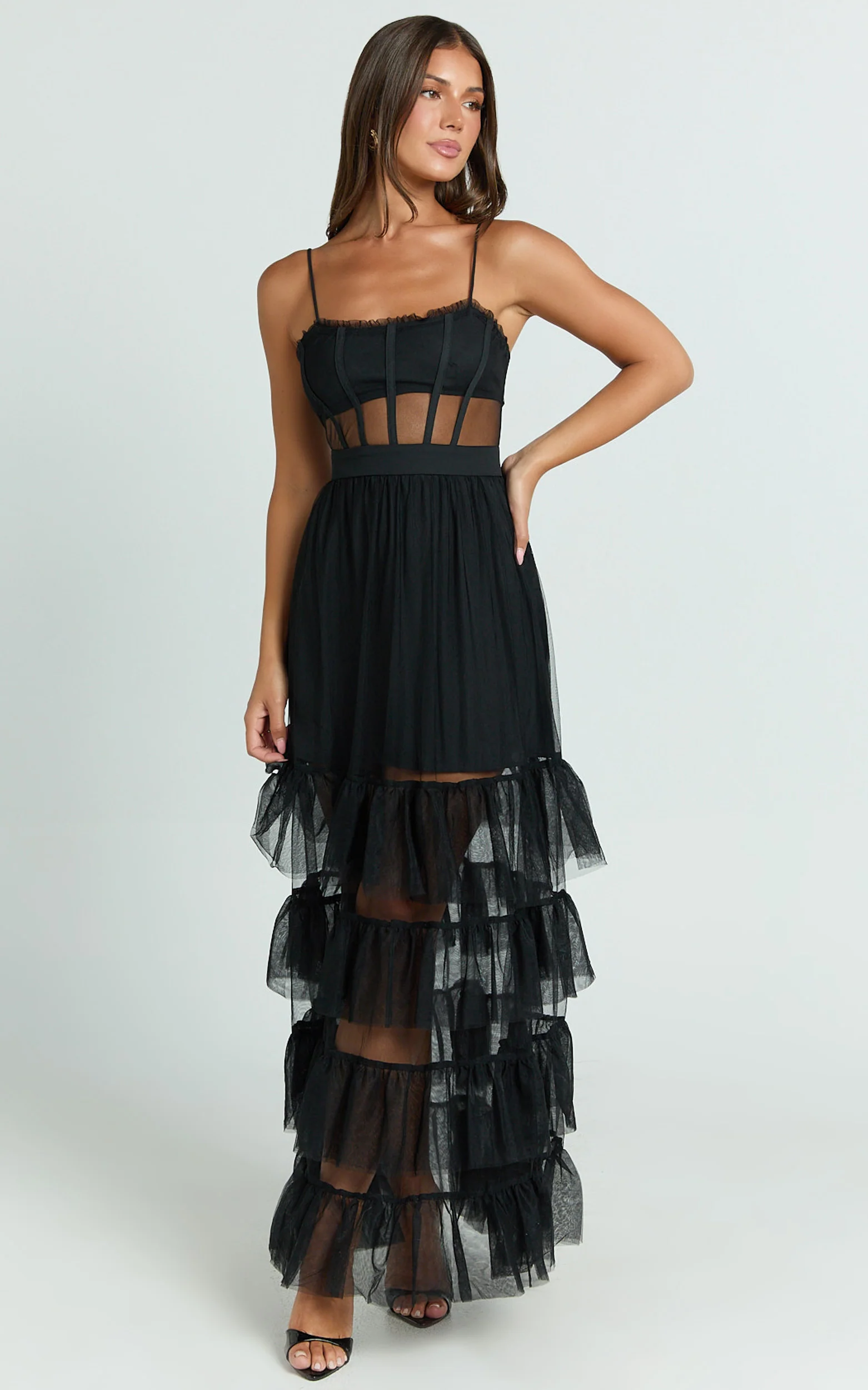 Evelynn Midi Dress - Sweetheart Corset Bodice Fit & Flare Tiered in Black