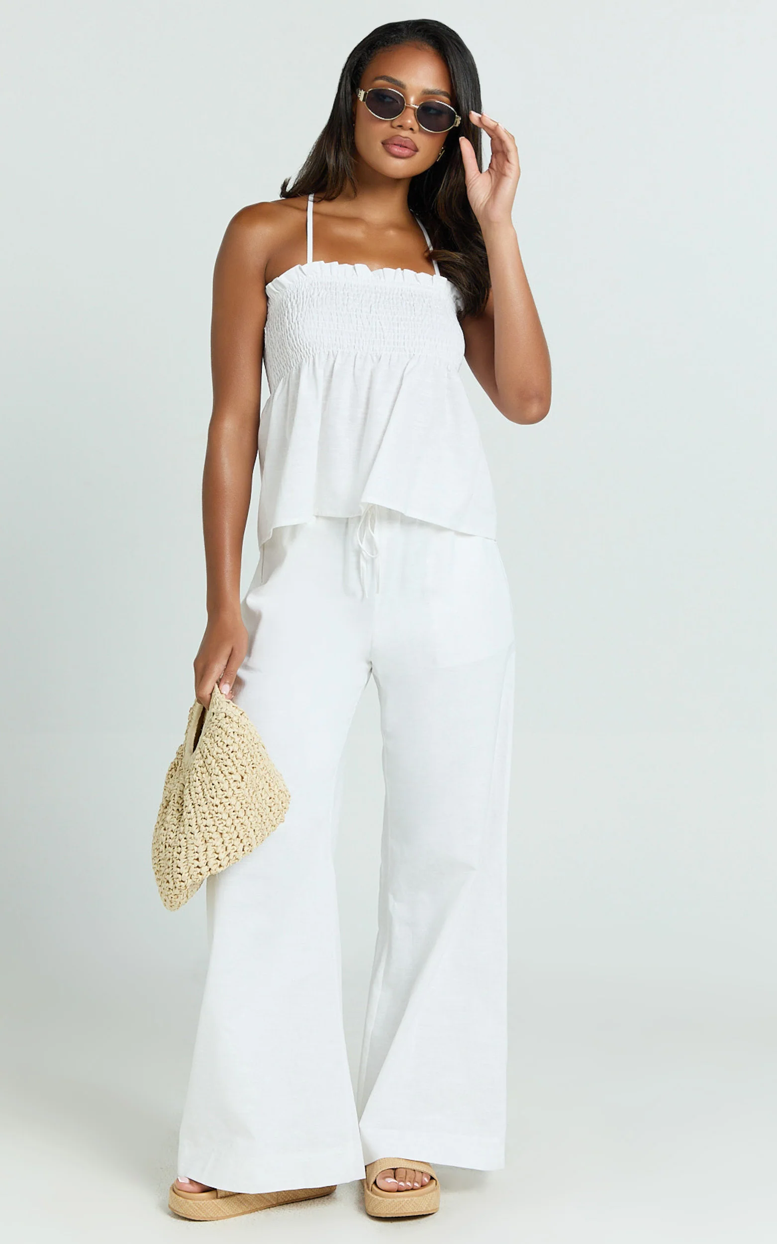Alma Two Piece Set - Cotton Cami Pant Set in White