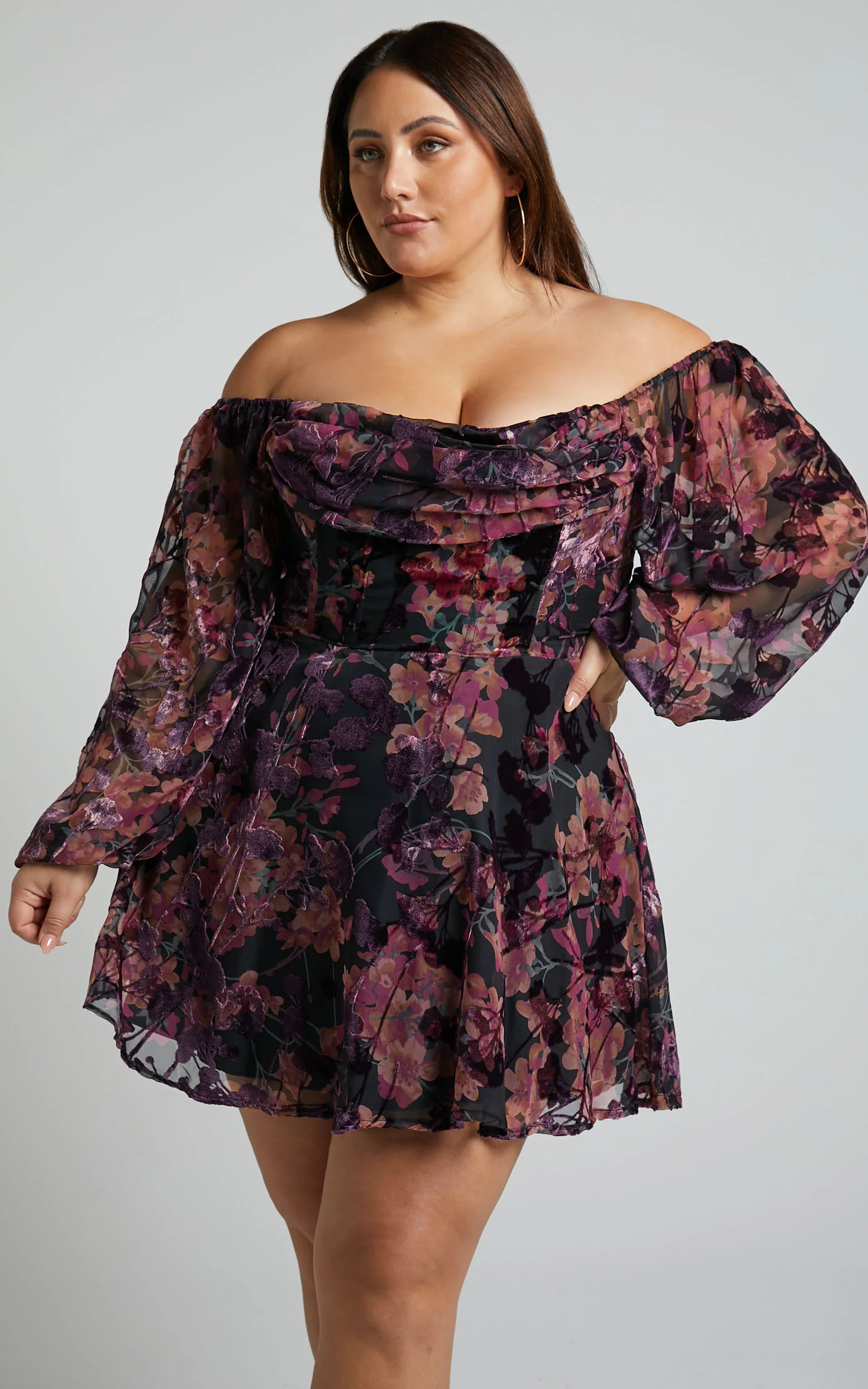 Jessell Mini Dress - Long Sleeve Cowl Corset Dress in Burnt Out Floral