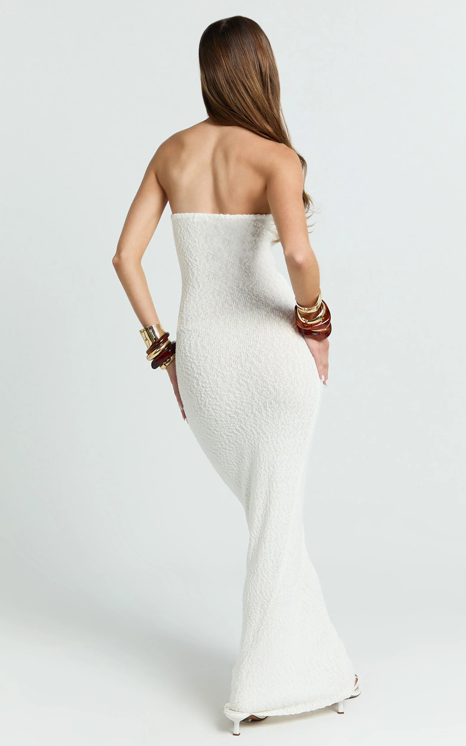 Ursula Maxi Dress - Strapless Tie Waist Boucle Knit Dress in Off White