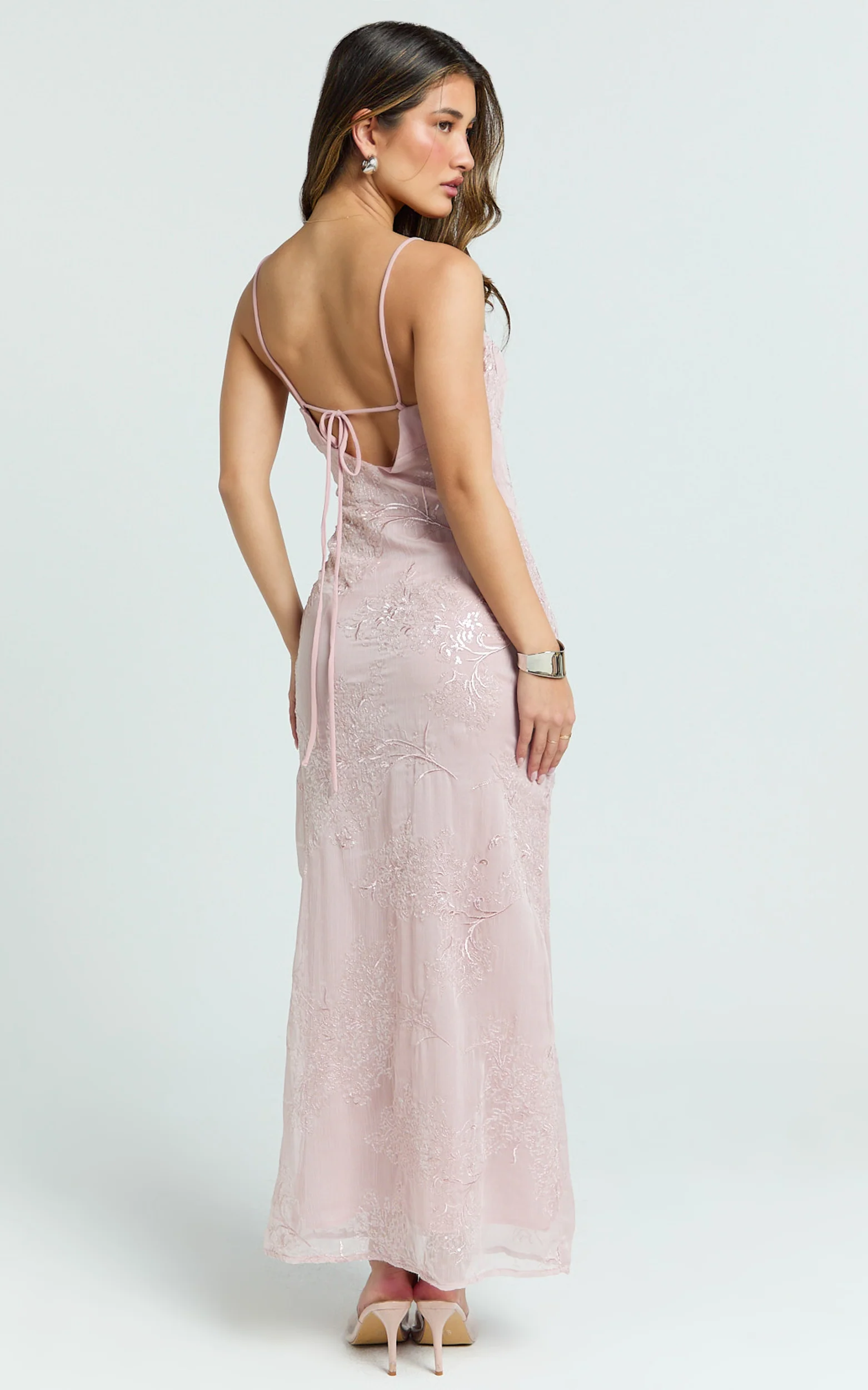 Elysia Maxi Dress - Sequin Straight Neck Tie Back Dress in Pale Pink