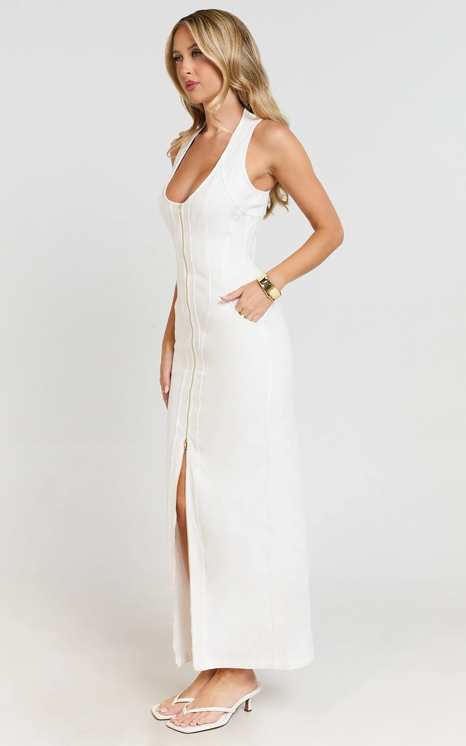 Maisy Maxi Dress - Scoop Neck Racer Back Fitted Dress in White