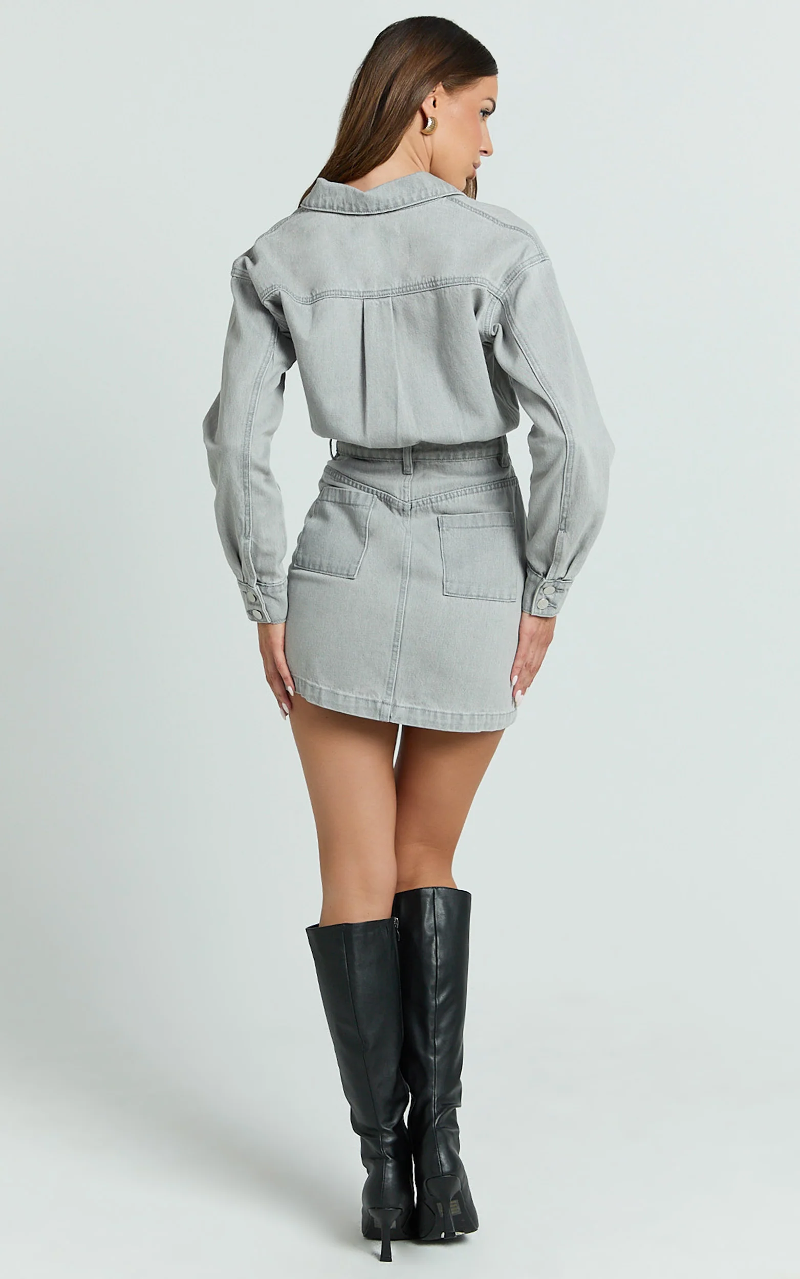 Kamala Mini Dress - Long Sleeve Button Through Denim Dress in Grey