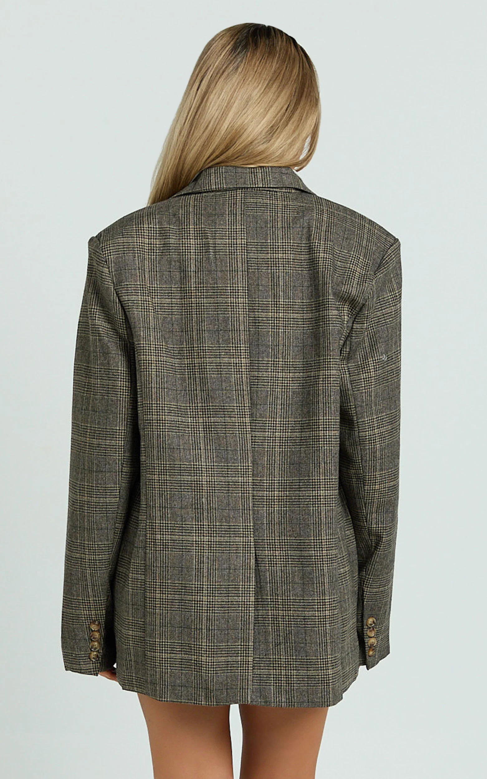 Vivi Blazer - Single Breasted Oversized Check Blazer in Dark Brown