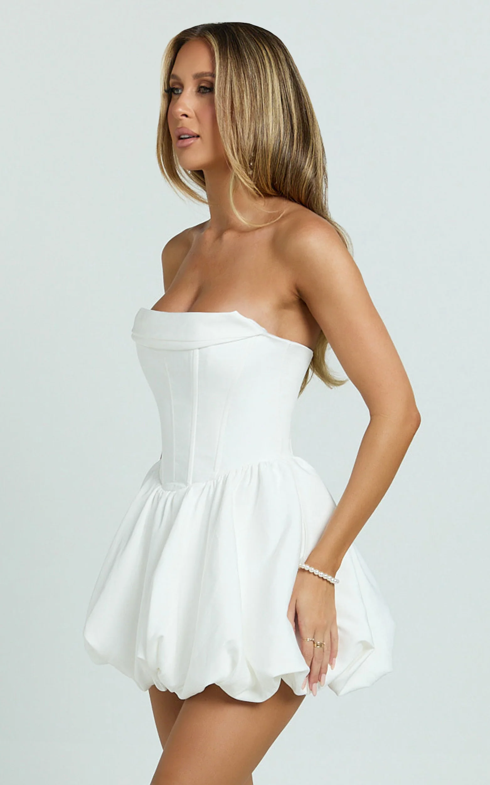 Jeannie Mini Dress - Corset Panel Bubble Hem Dress in Off White