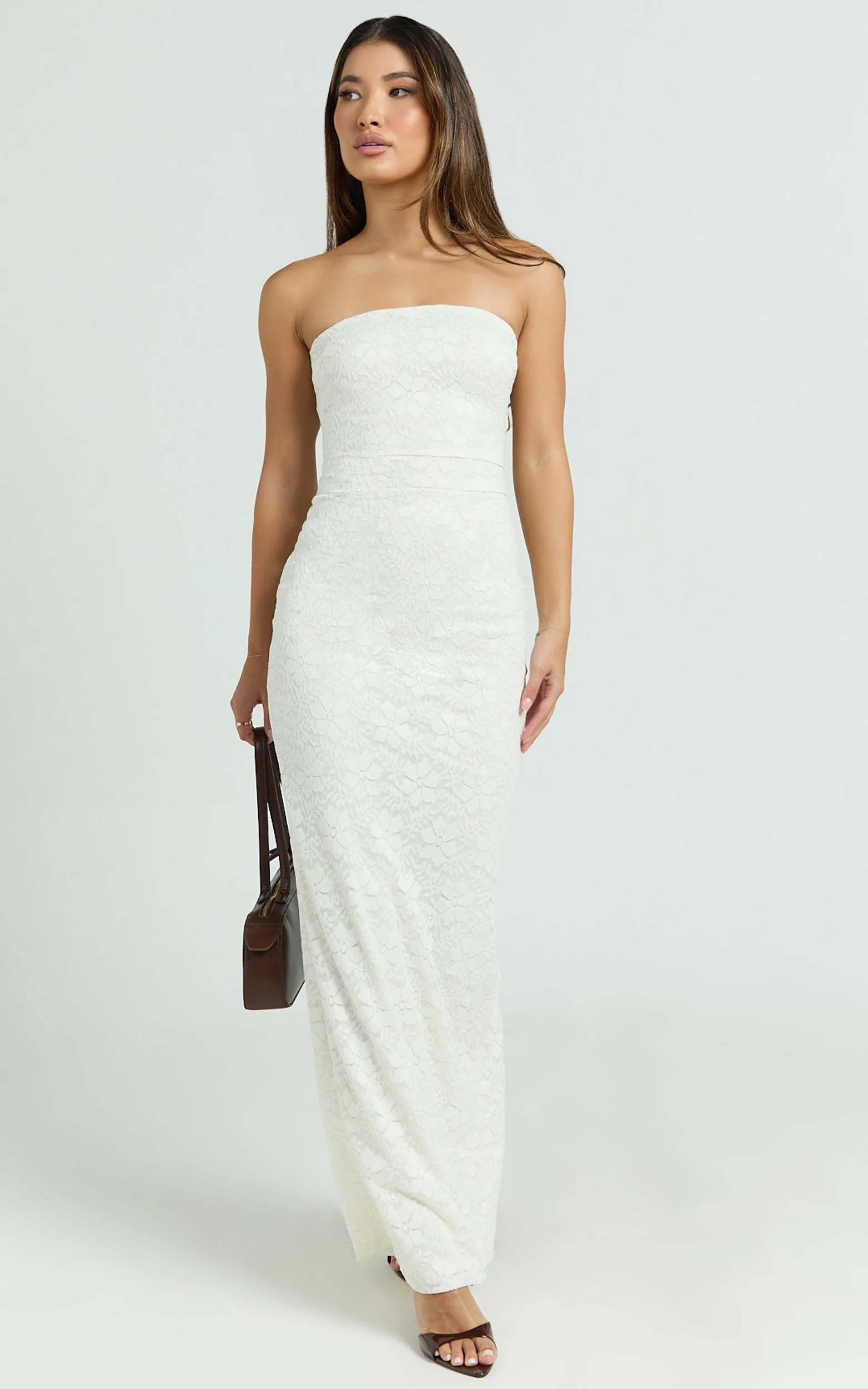 Bec Maxi Dress - Stretch Lace Strapless Dress in Off White