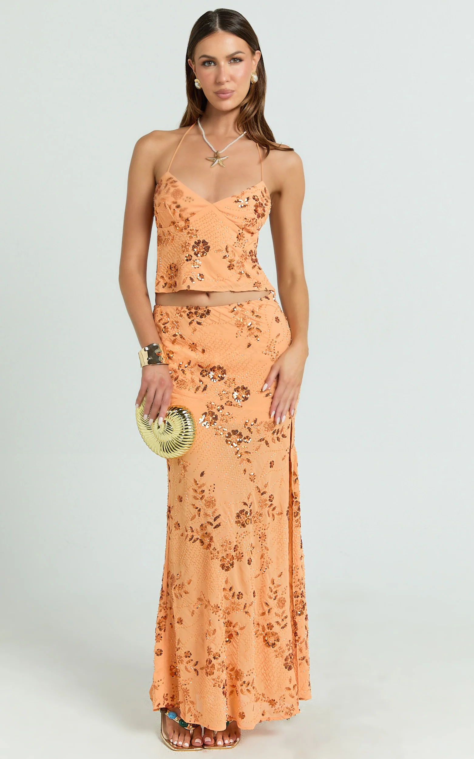 Rowena Maxi Skirt - Low Waisted Beaded Sequin Skirt in Orange