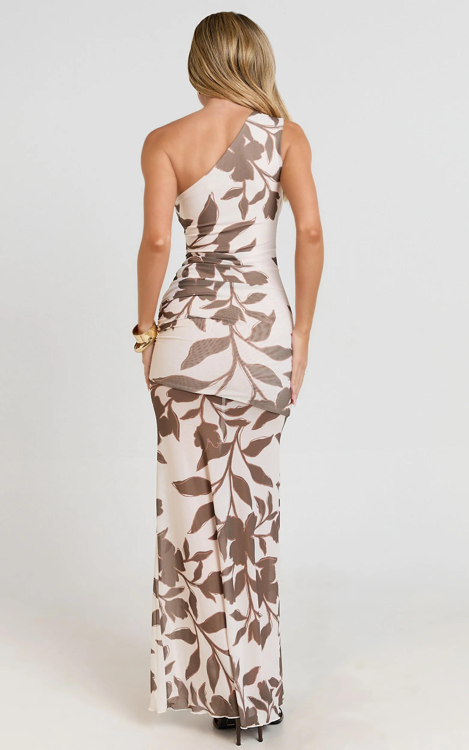 Schiffer Maxi Dress - One Shoulder Ruched Bodycon Dress in Neutral Floral Print