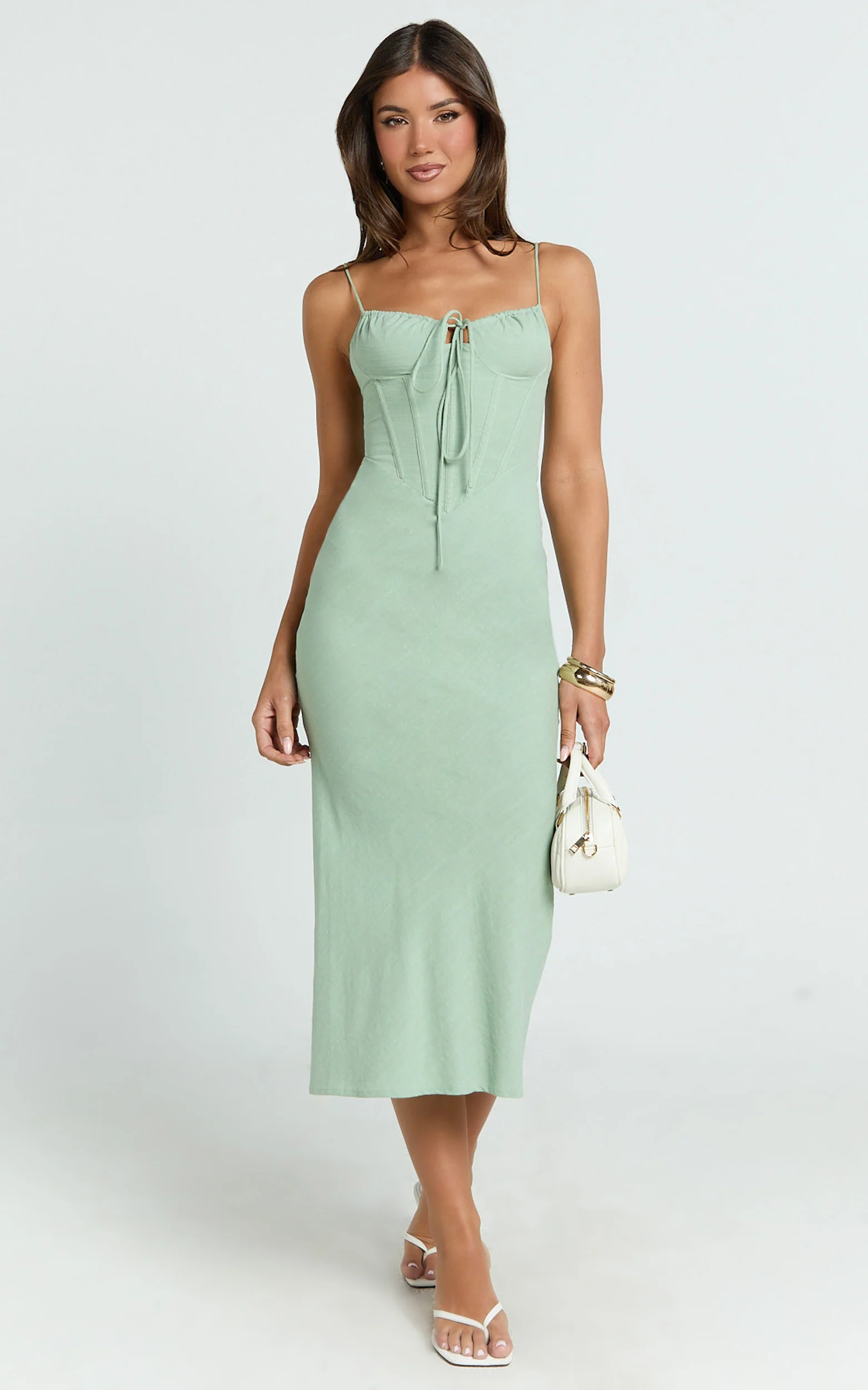 Mikayla Midi Dress - Linen Scoop Neck Ruched Bust Corset Waist Bias Skirt Dress in Sage