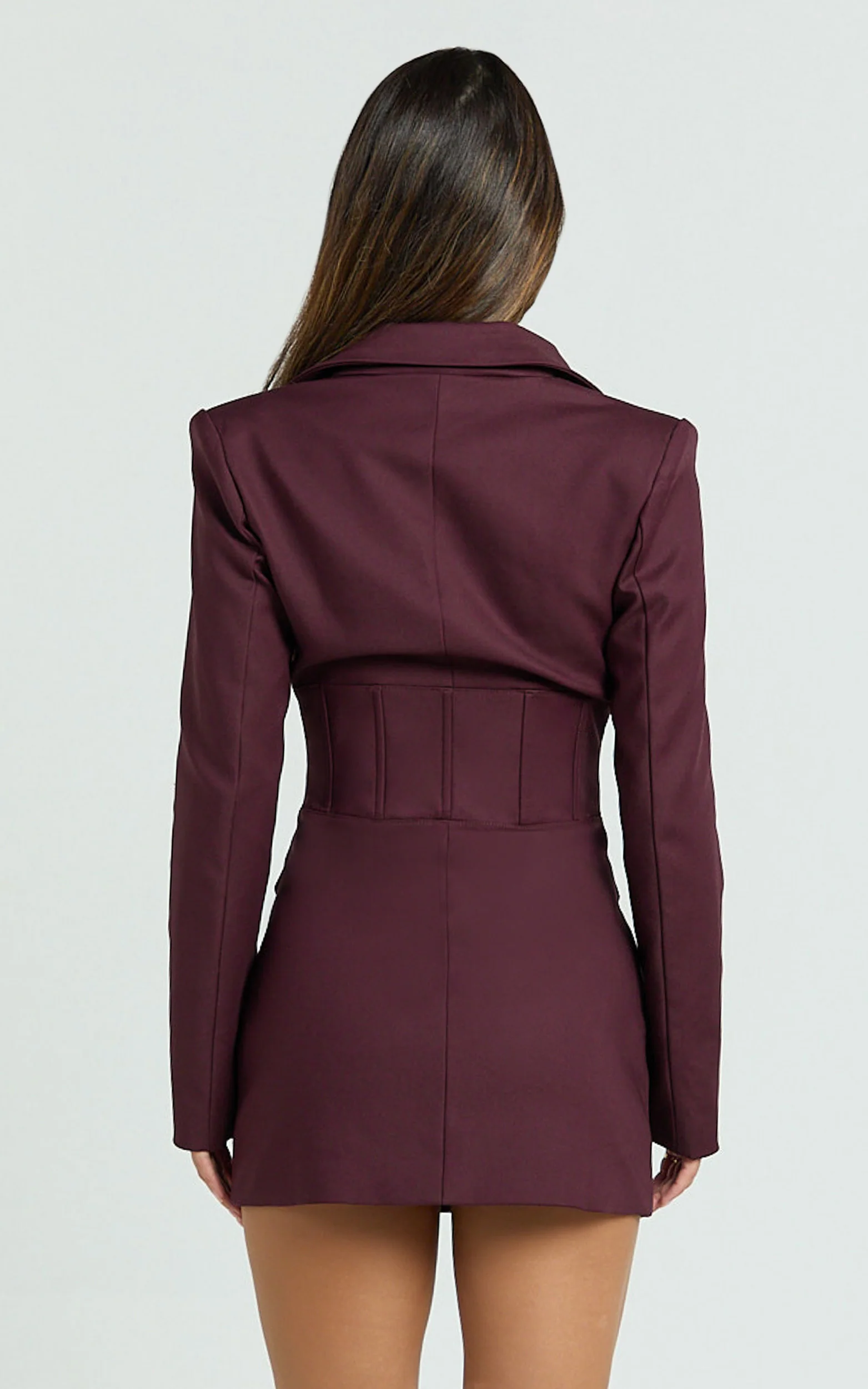 Lawrence Mini Dress - Workwear Hook And Eye Front Fit And Flare Blazer Dress in Wine