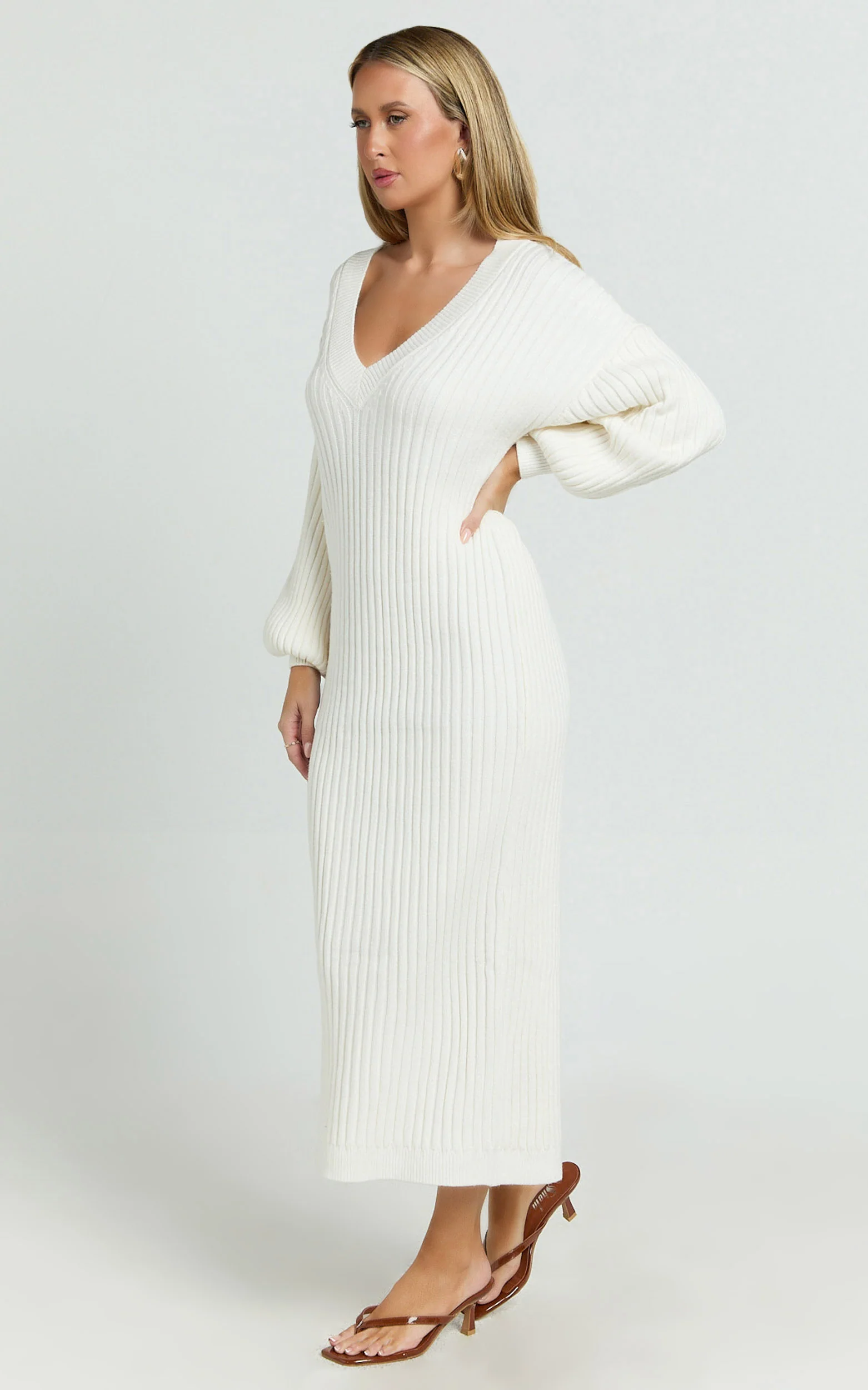 Kartia Midi Dress - V Neck Knit Dress in Off White