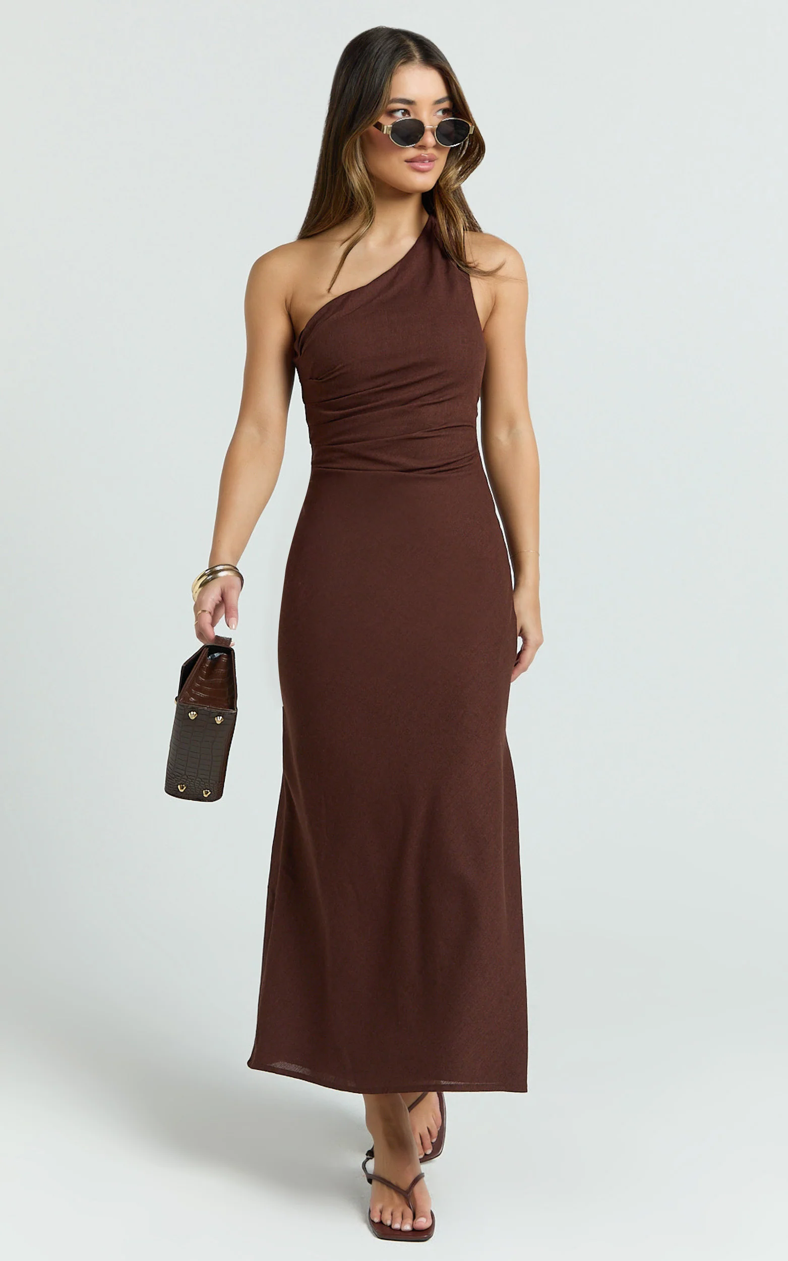Cassia Midi Dress - One Shoulder A Line Dress in Chocolate
