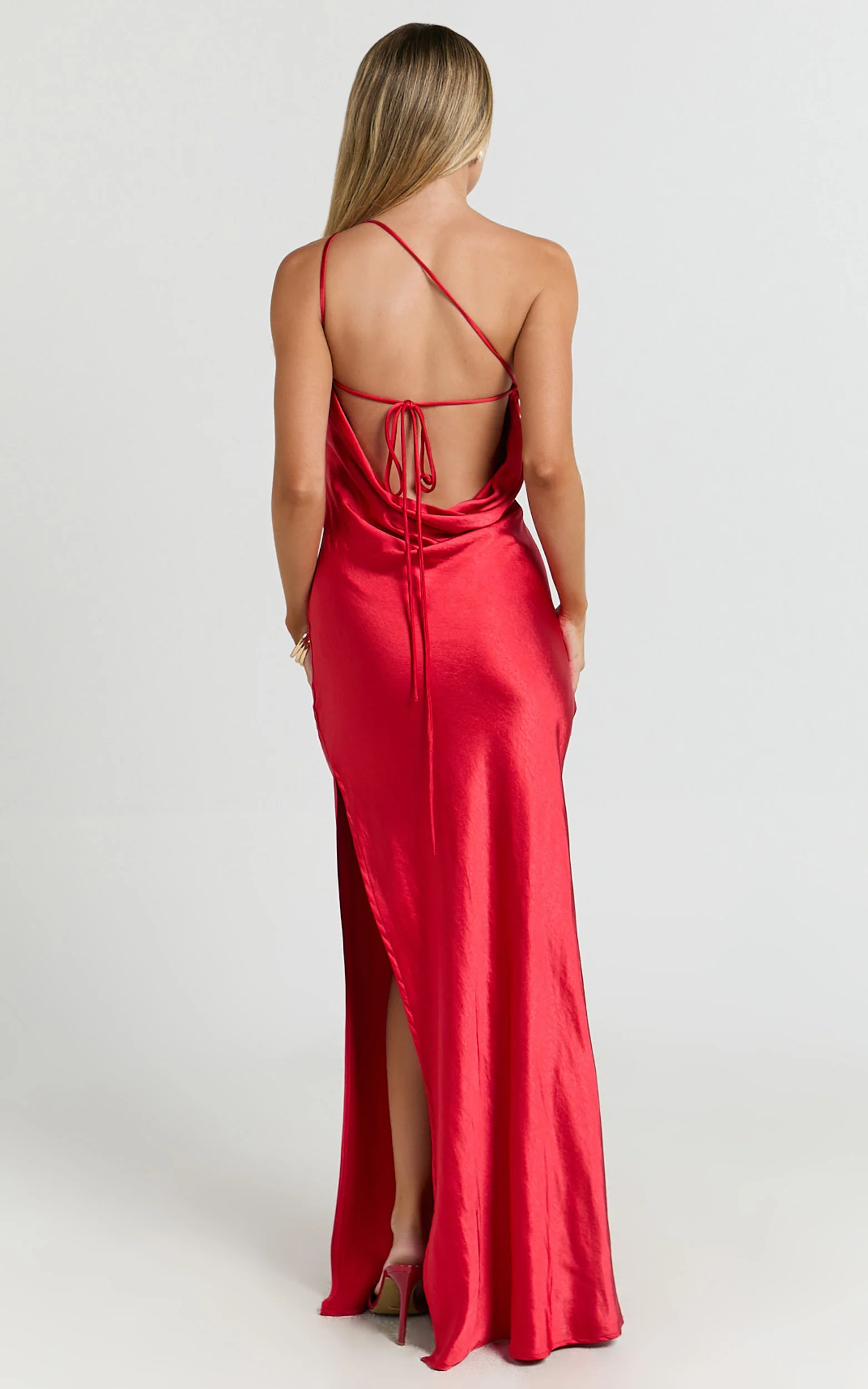 Helga Maxi Dress - Satin One Shoulder Cowl Back Bias Cut Dress in Red