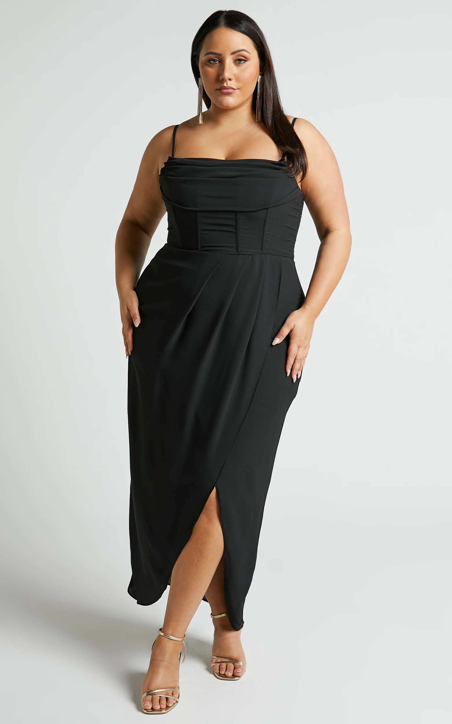 Andrina Midi Dress - High Low Wrap Corset Dress in Black