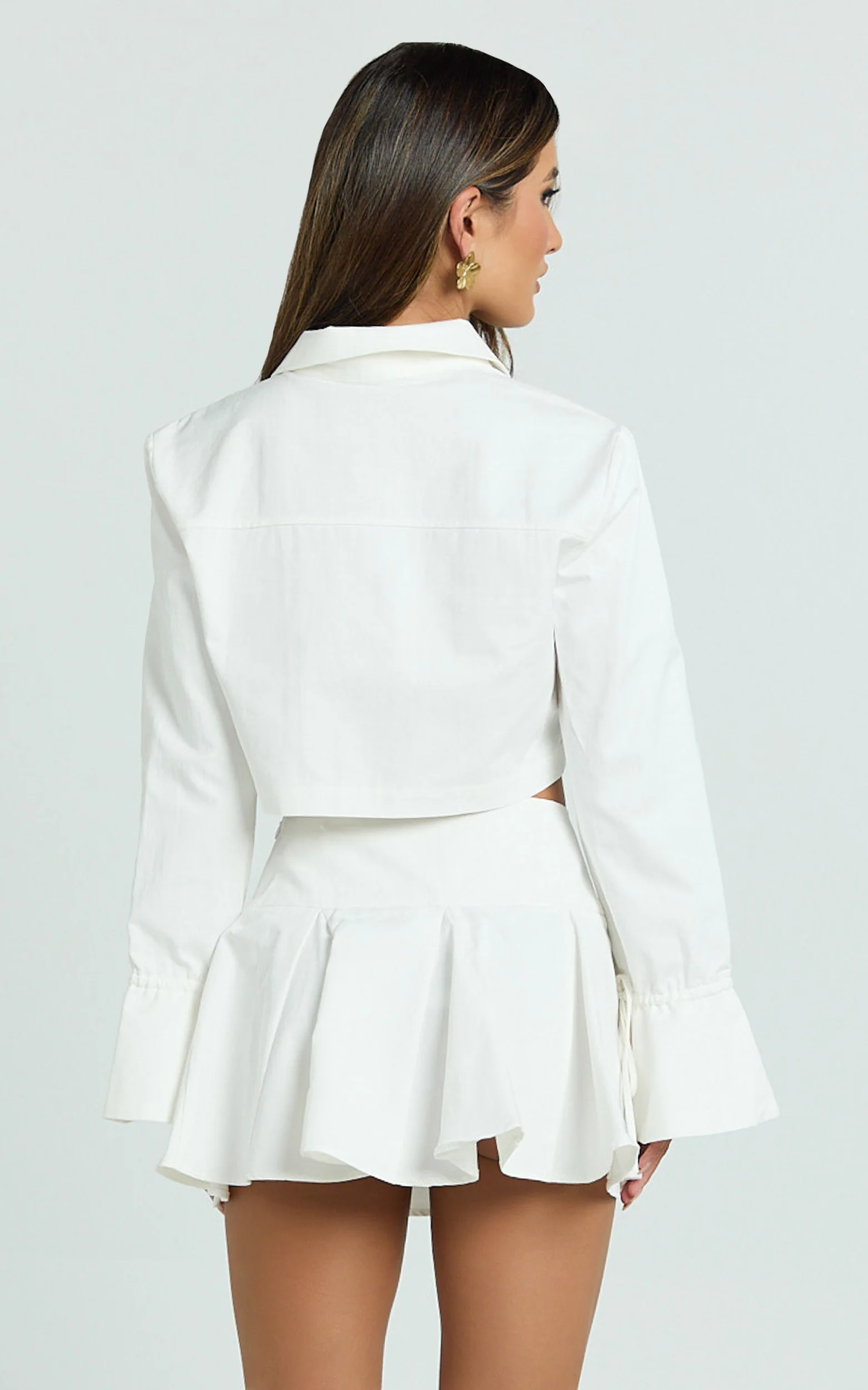 Harlow Two Piece Set - Long Sleeve Crop Shirt and Mini Skirt Set in White