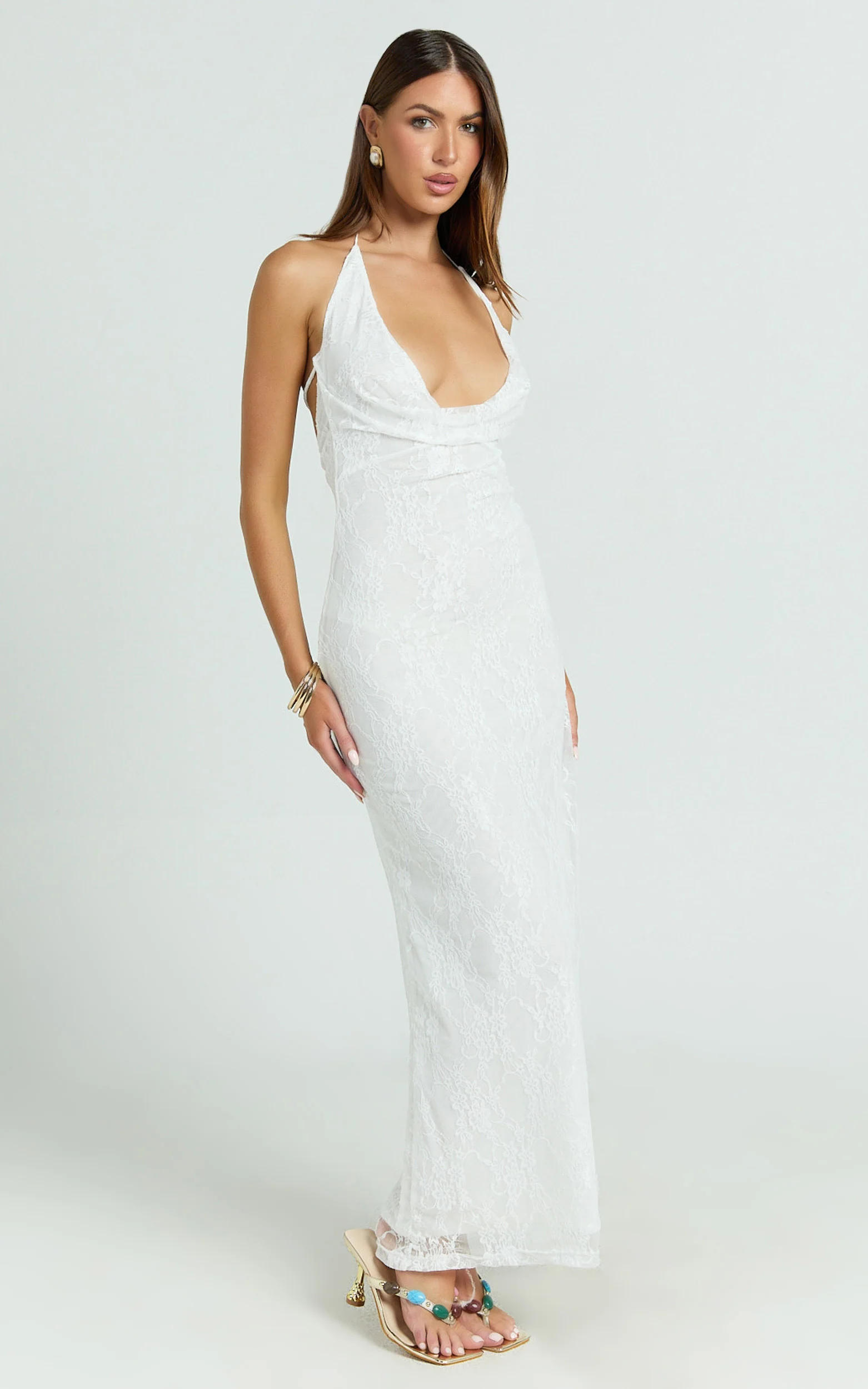 Janine Maxi Dress - Plunge Cowl Neck Backless Column Dress in Ivory