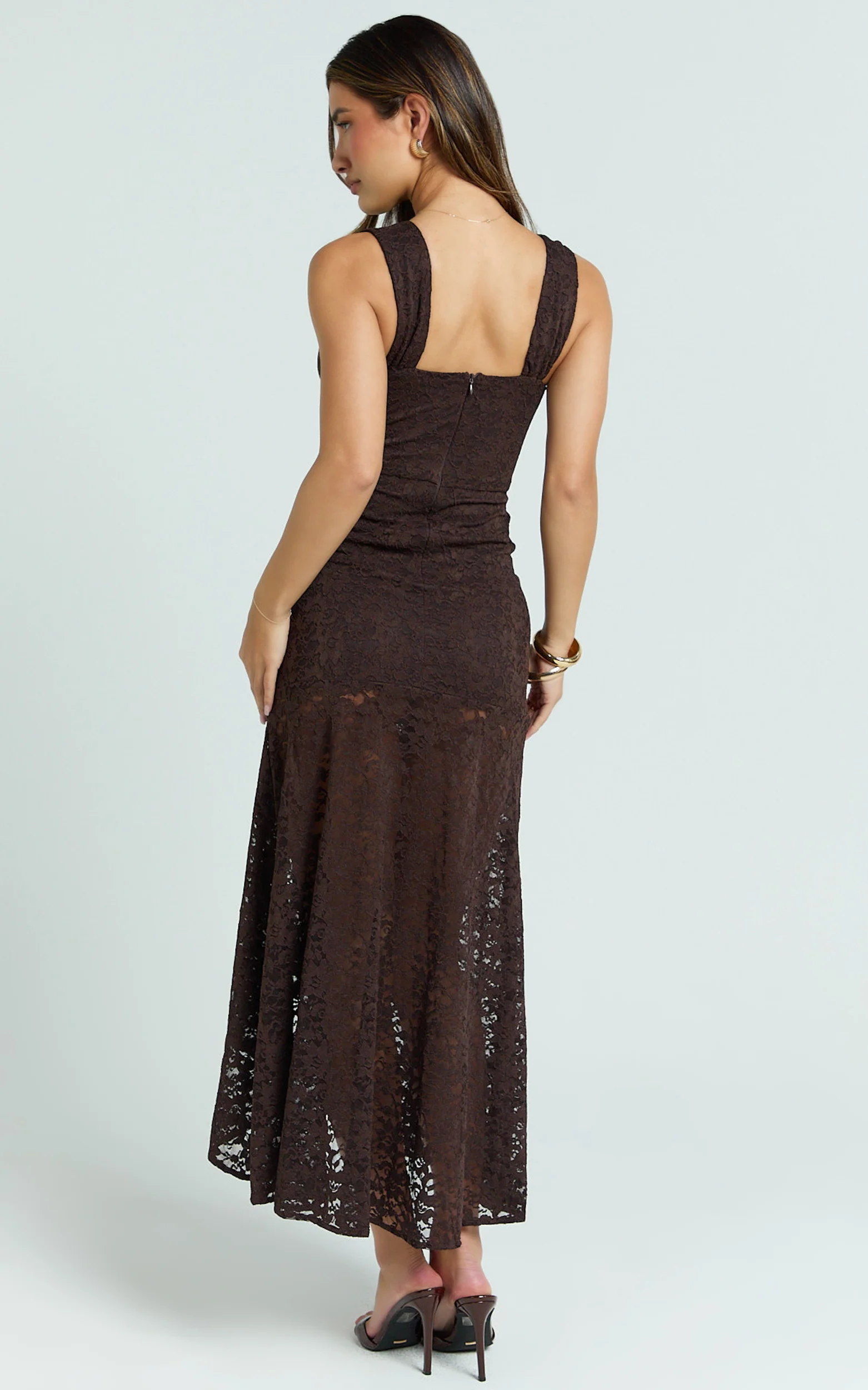 Rosanna Maxi Dress - Plunge Lace Fit And Flare Dress in Chocolate