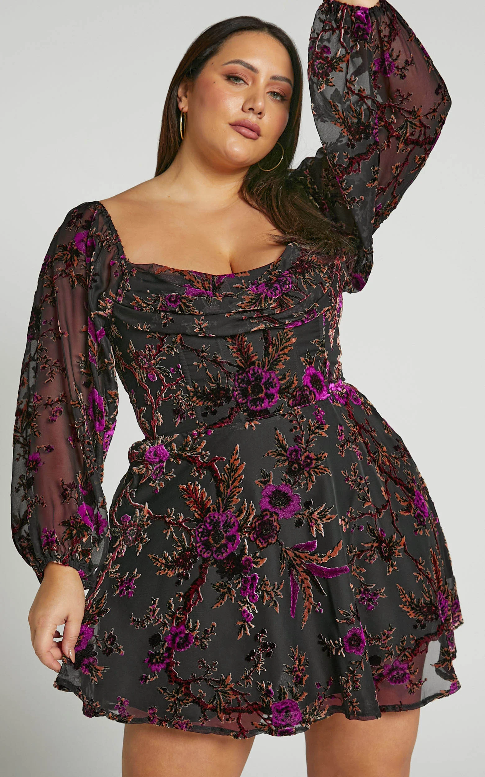 Jessell Mini Dress - Long Sleeve Cowl Corset Dress in Black Floral