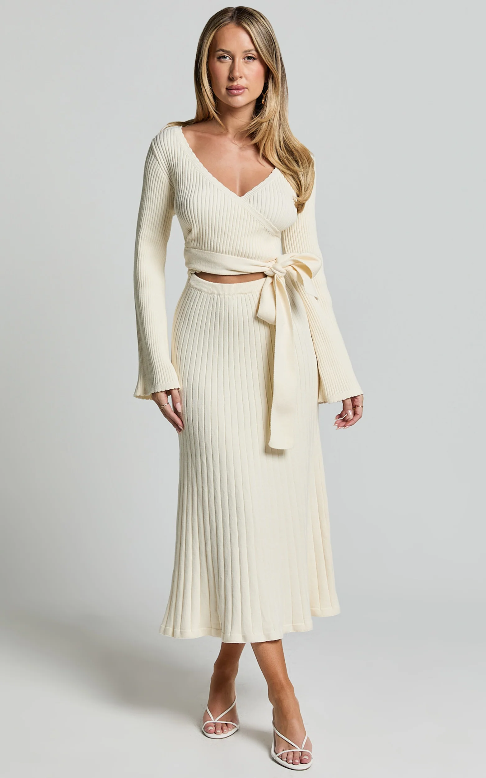 Andreia Midi Dress - Knitted Wrap Long Sleeve Dress in Cream