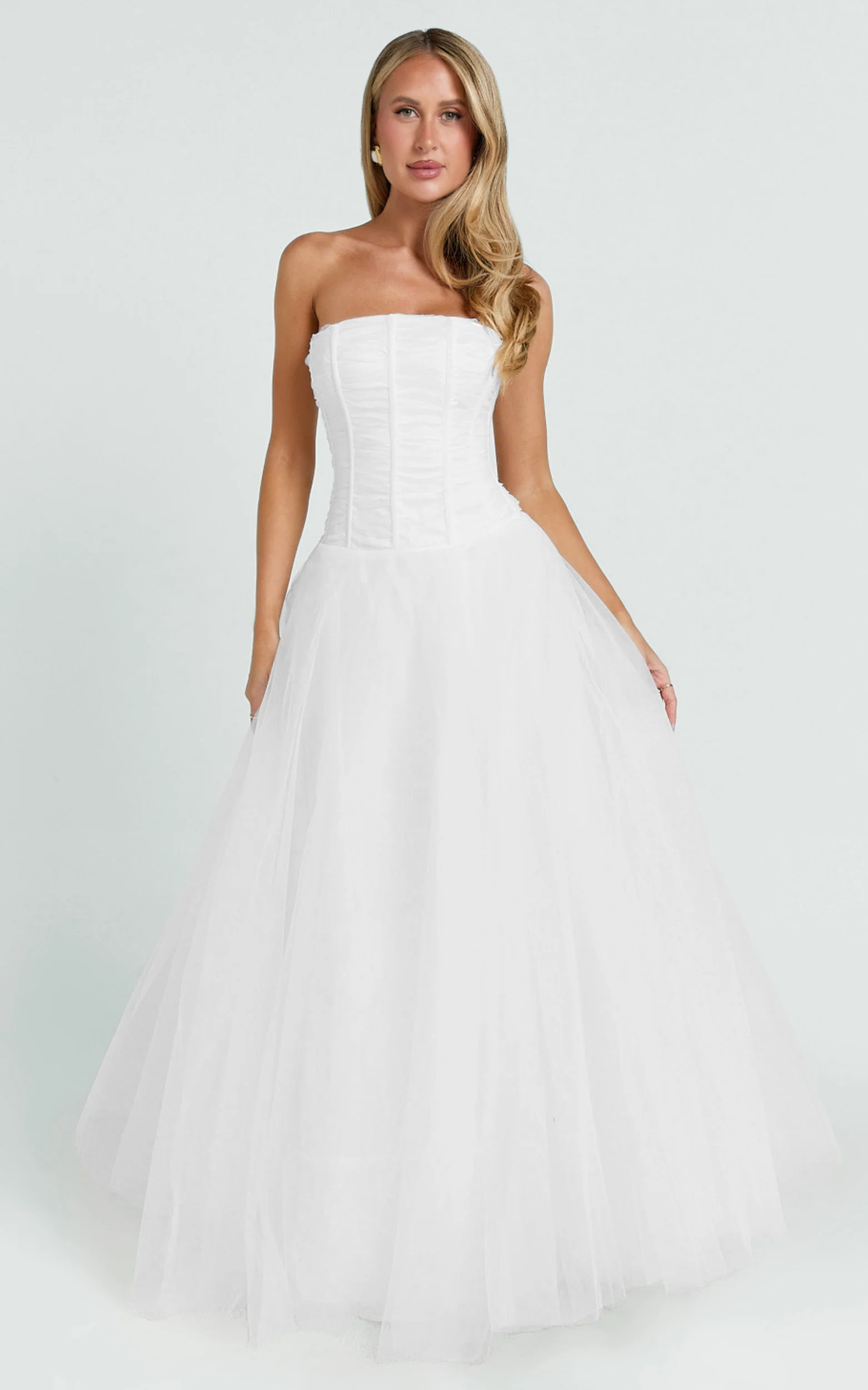 Selene Maxi Dress - Strapless Corset Gathered Skirt Dress in White