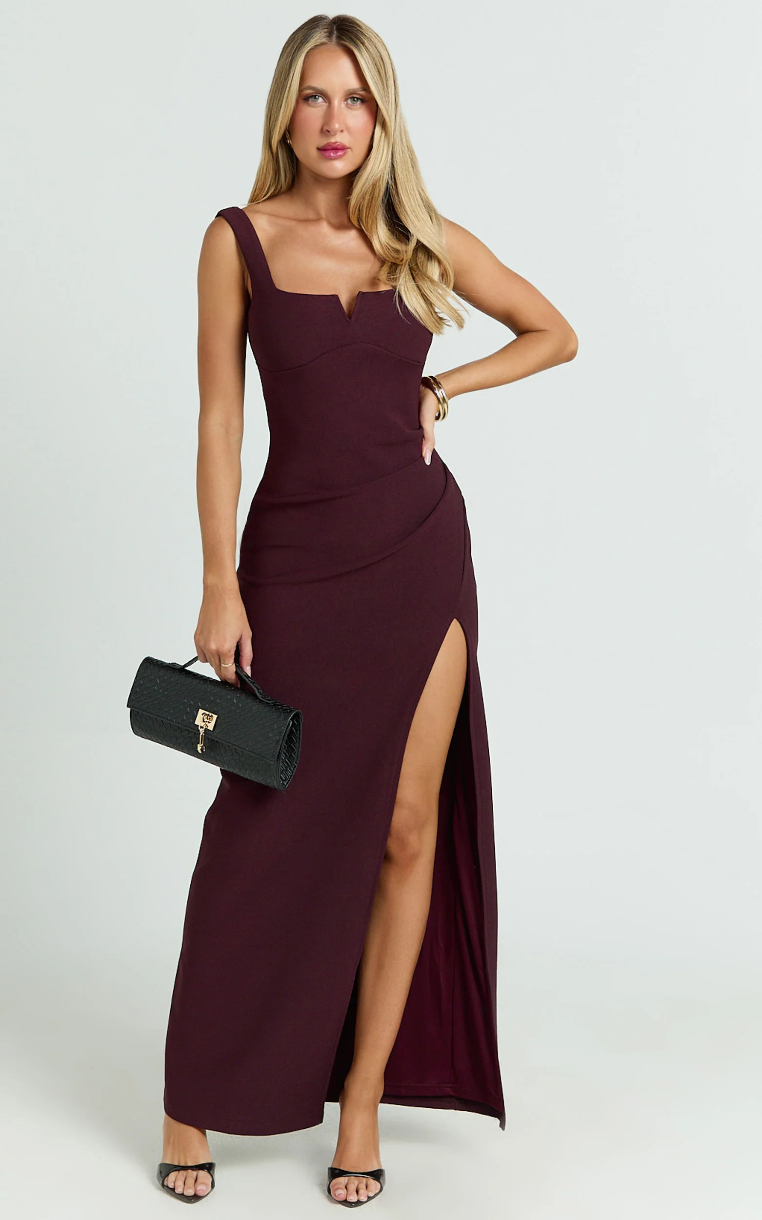 Thelma Maxi Dress - Square Neck Bodycon Dress in Wine