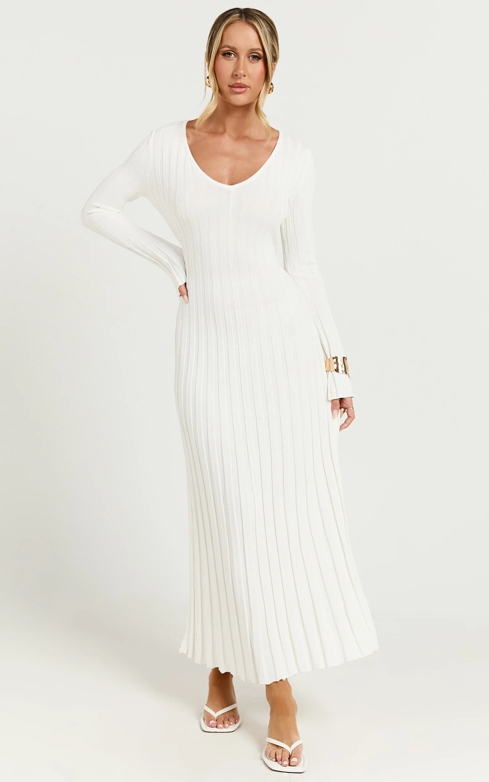 Astra Maxi Dress - V Neck Long Sleeve Knit Dress in White