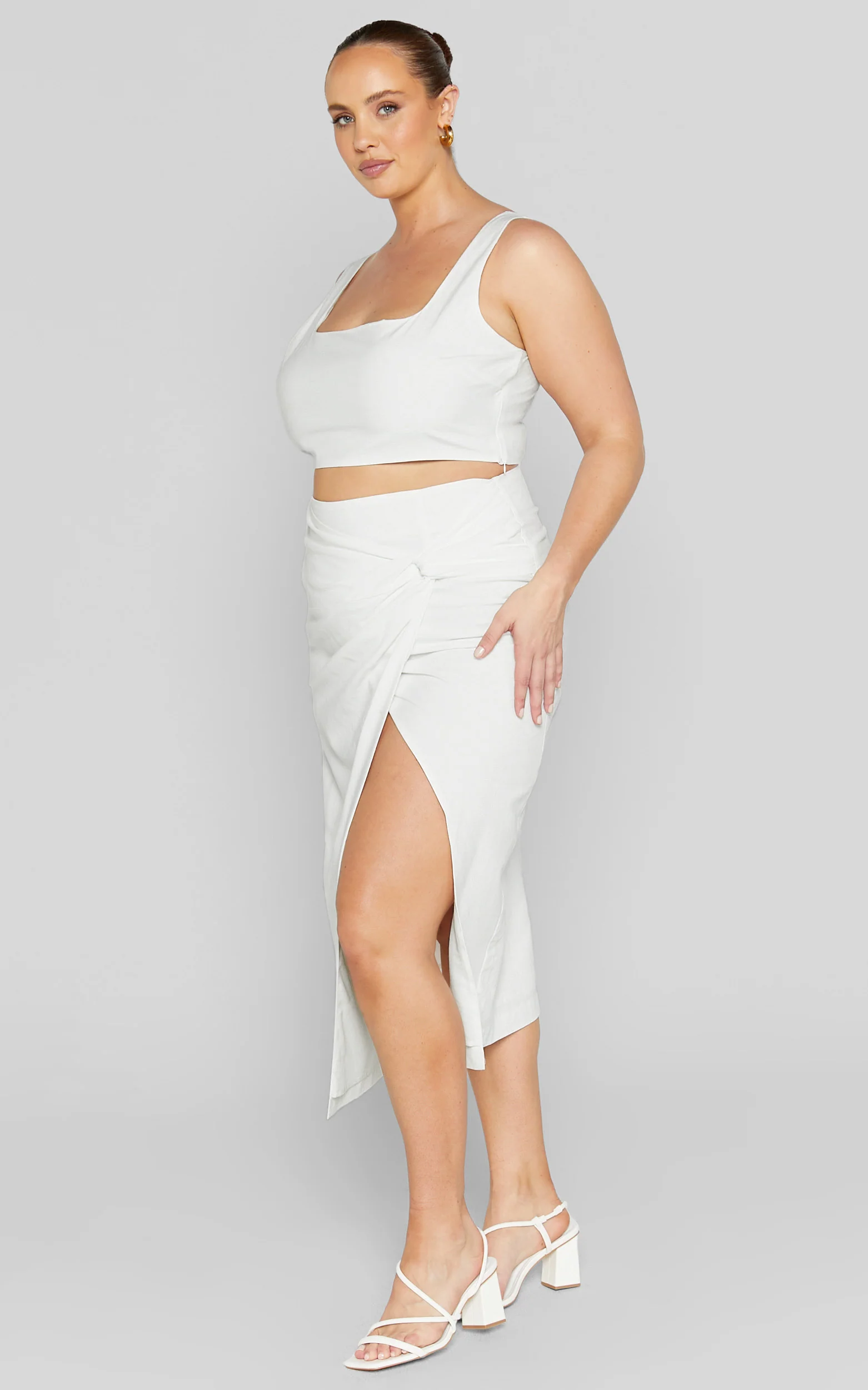 Gibson Two Piece Top and Skirt Set - Linen Crop Top and Knot Front Midi Skirt Set in White