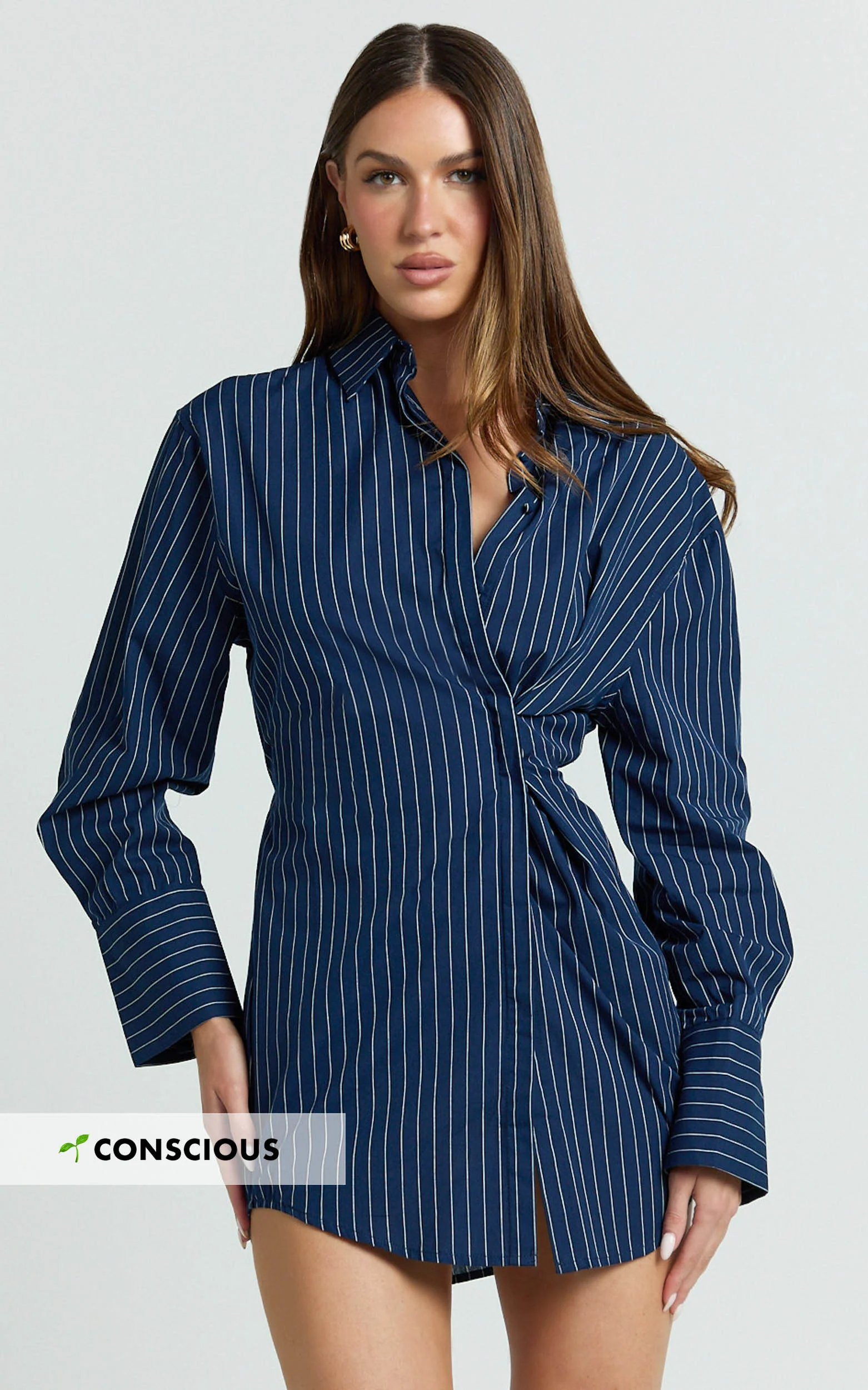 Sanya Mini Dress - Cinched Waist Stripe Dress in Navy Pinstripe