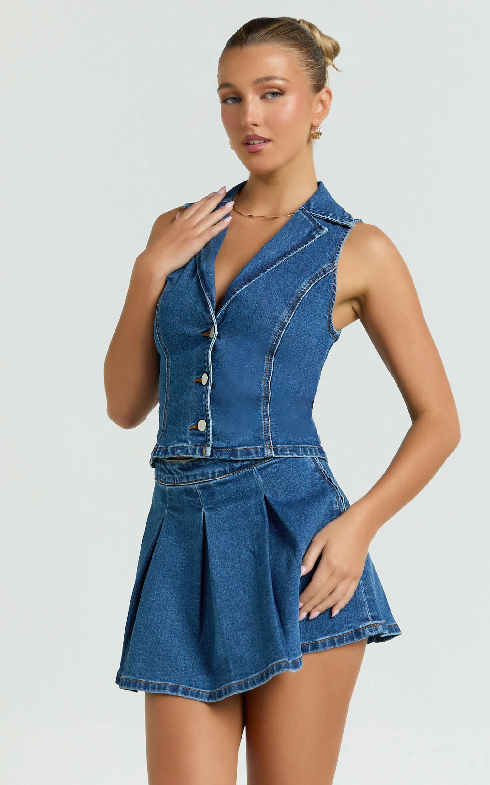 Nikita Top - Button Down Denim Vest Top in Dark Blue Wash