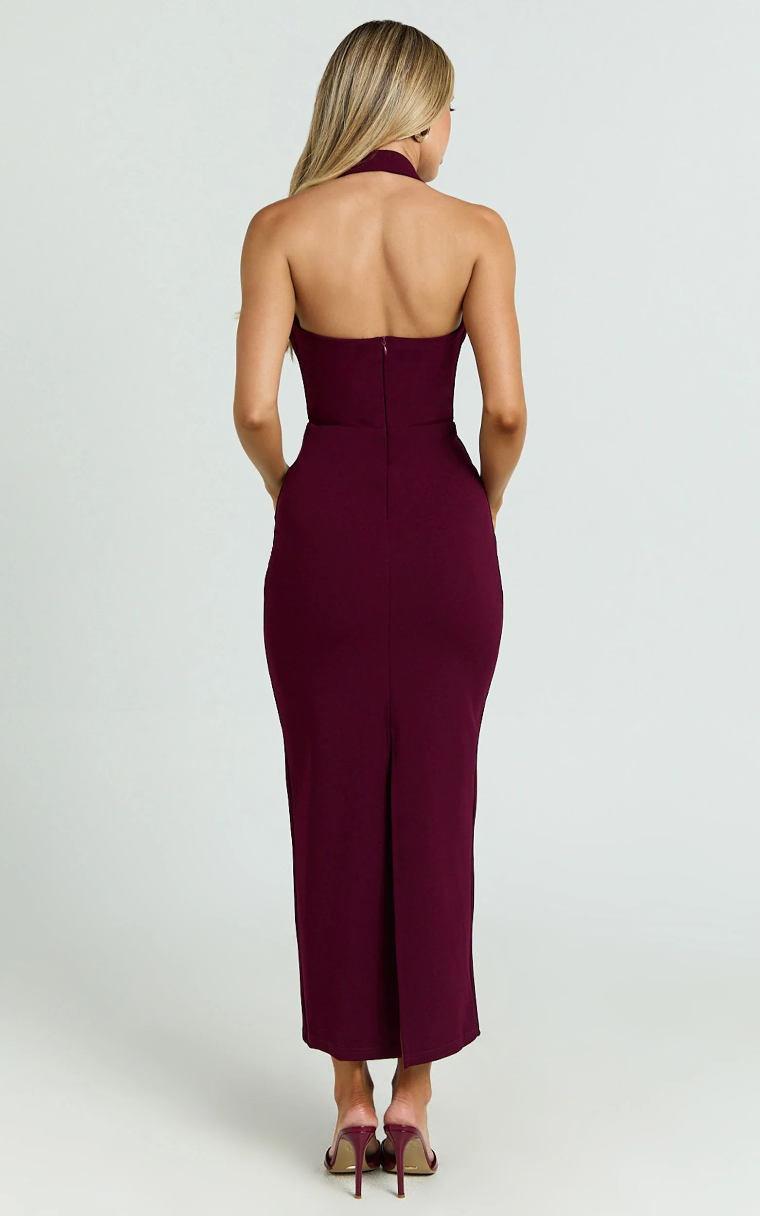 Salome Midi Dress - Halter Neck Column Dress in Wine