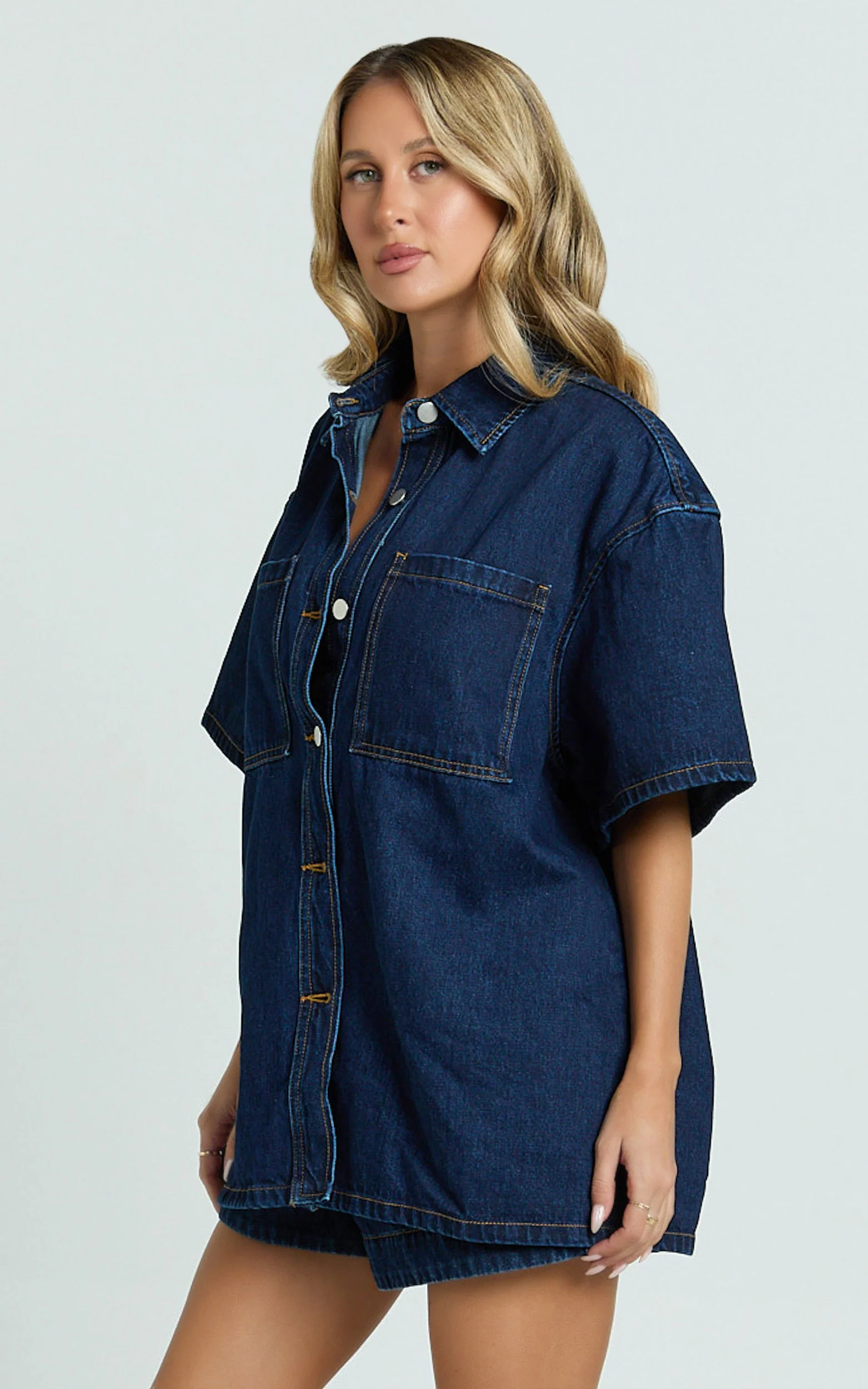 Rhianna Top - Oversized Recycled Denim Hardware Detail Short Sleeve Shirt in Indigo Wash