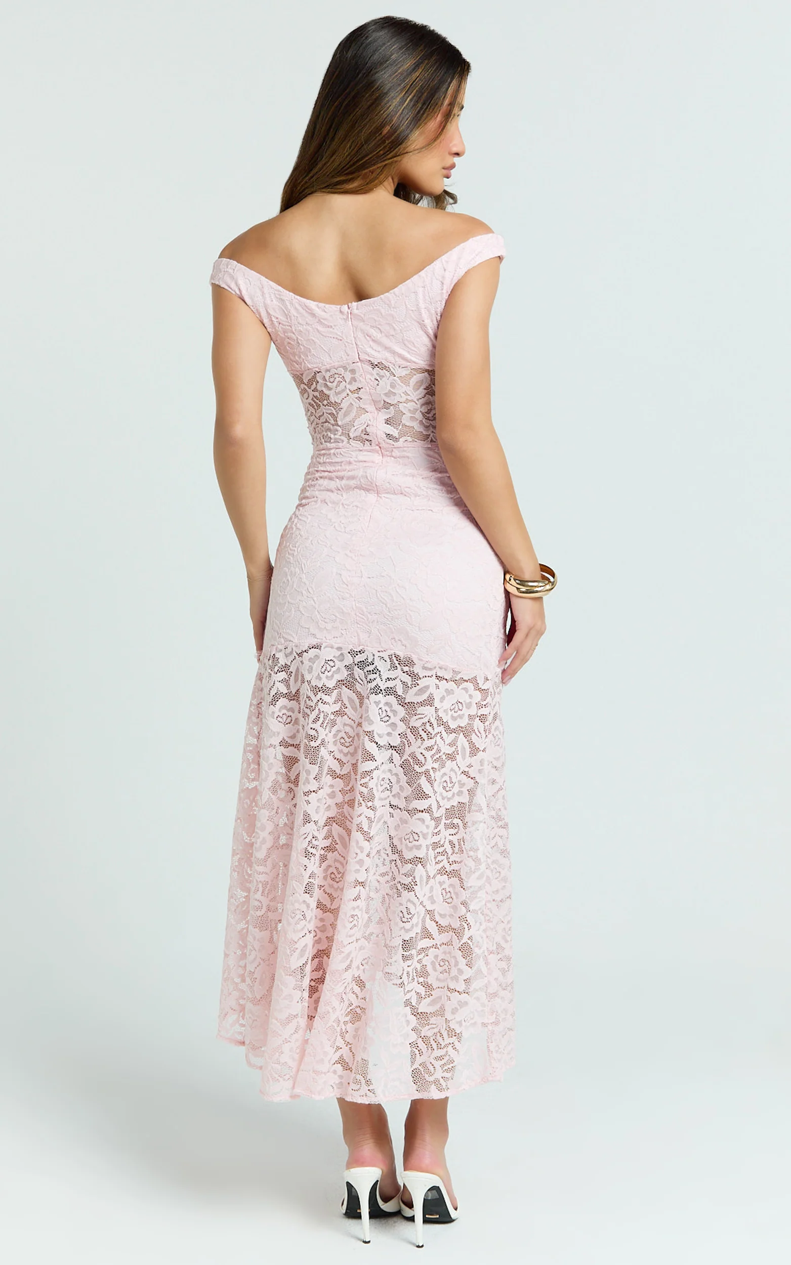 Tatum Midi Dress - Lace Off Shoulder Side Split Dress in Pink