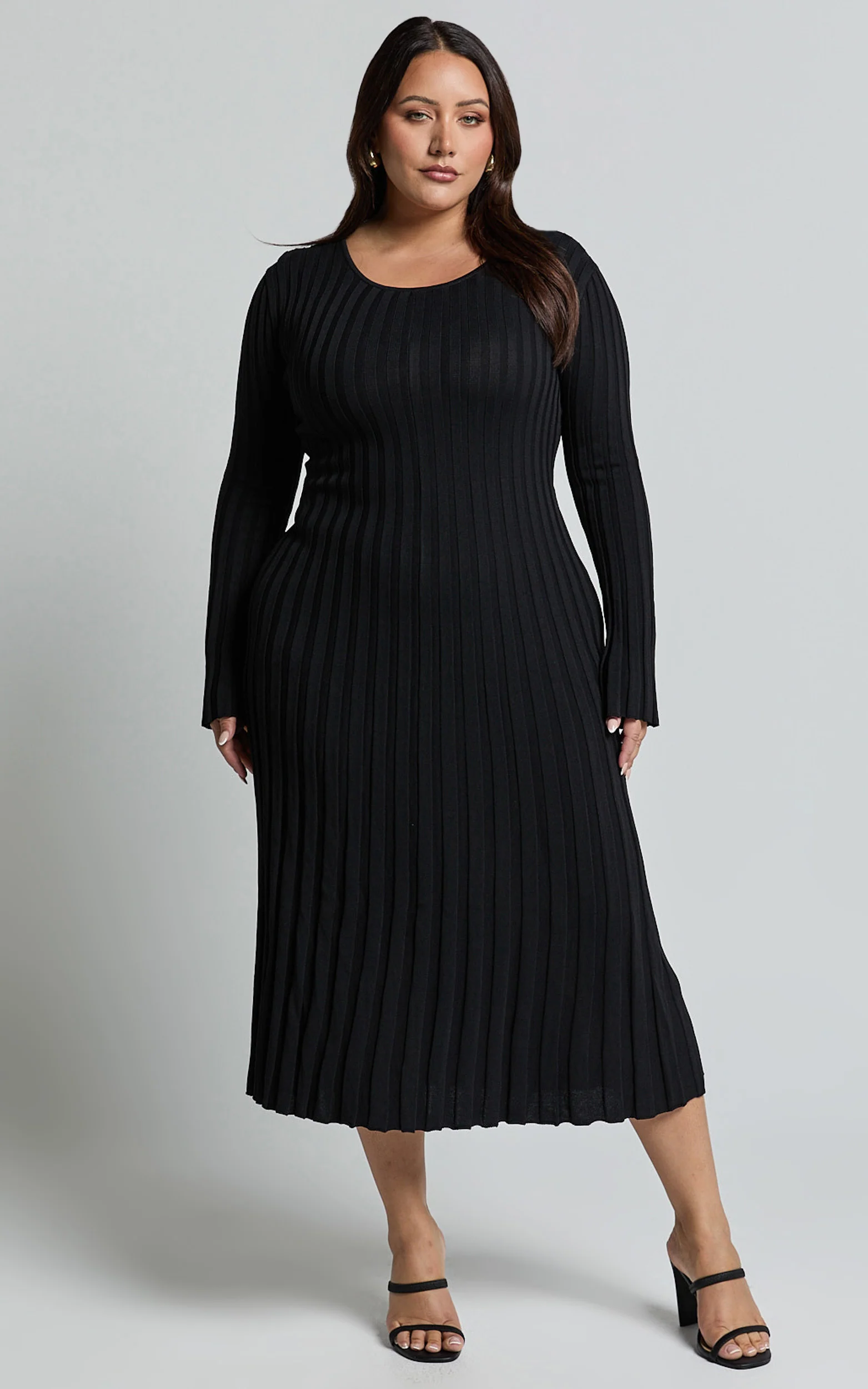 Blaire Midi Dress - Long Sleeve Tie Back Flare Dress in Black
