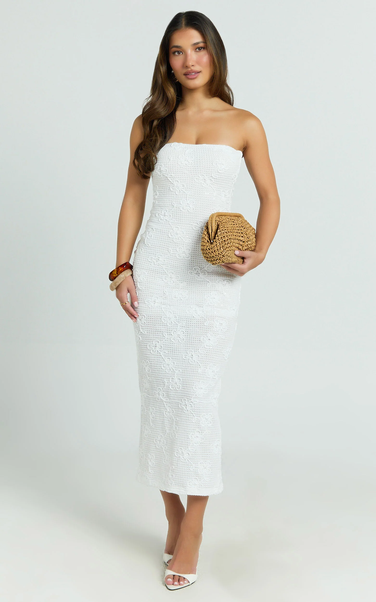 Jamil Midi Dress - Strapless Fitted Jersey Dress in White