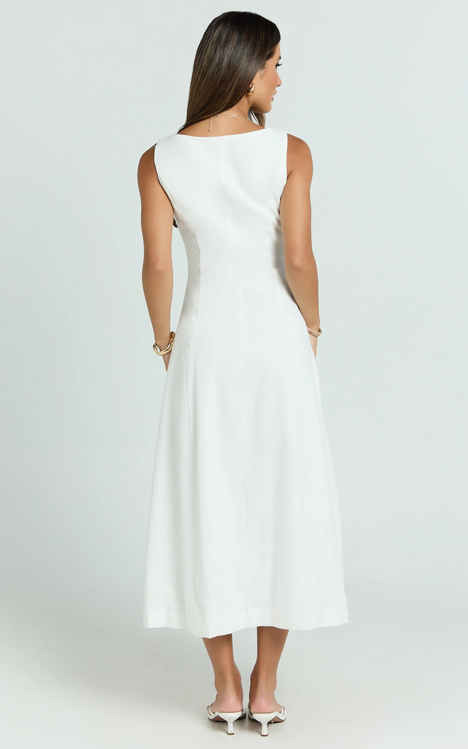 Zula Midi Dress - V Neck Sleeveless Under Bust Seam Circular Skirt Dress in White
