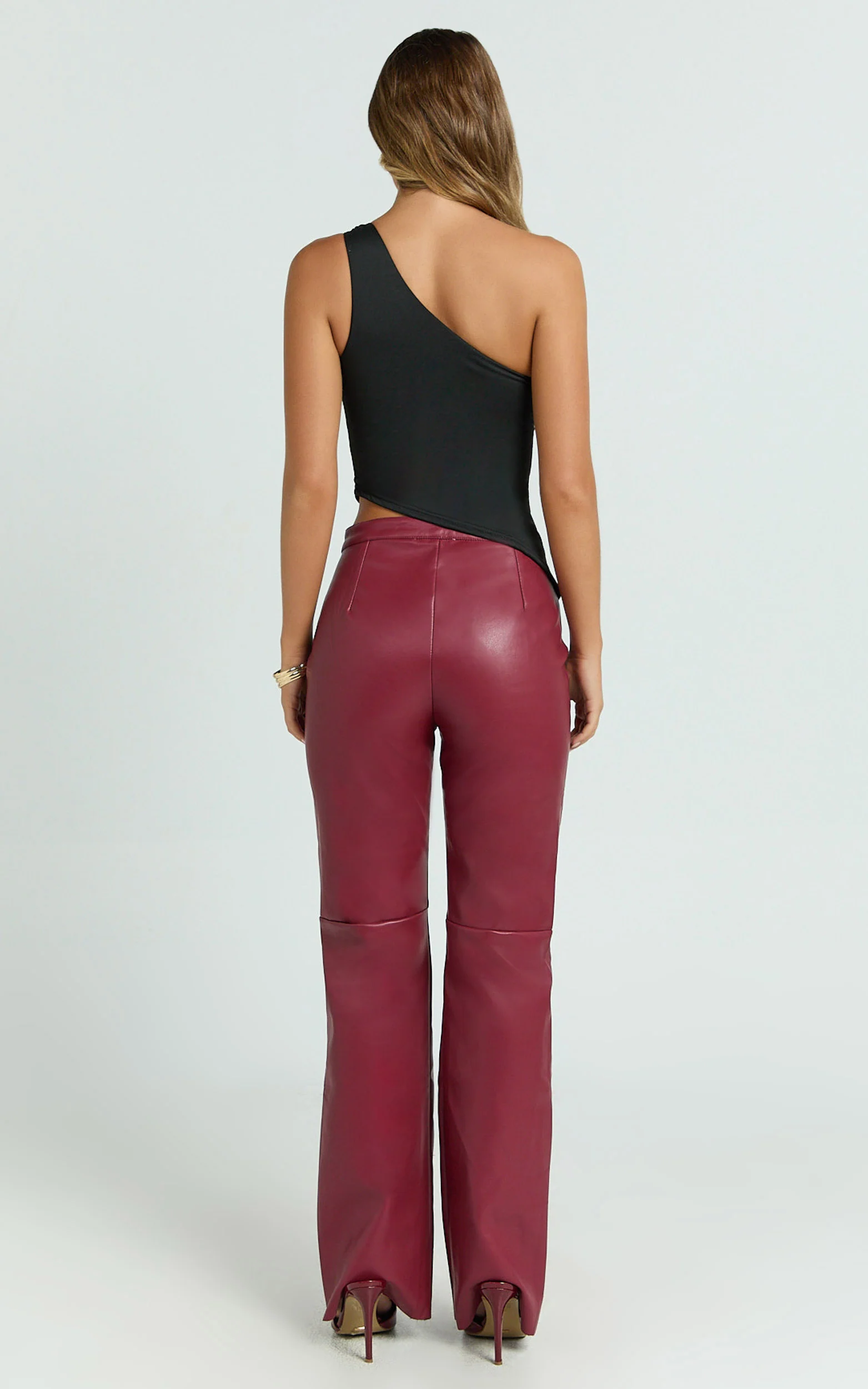 Marzia Pants - Faux Leather Mid Waisted Straight Leg Pants in Wine
