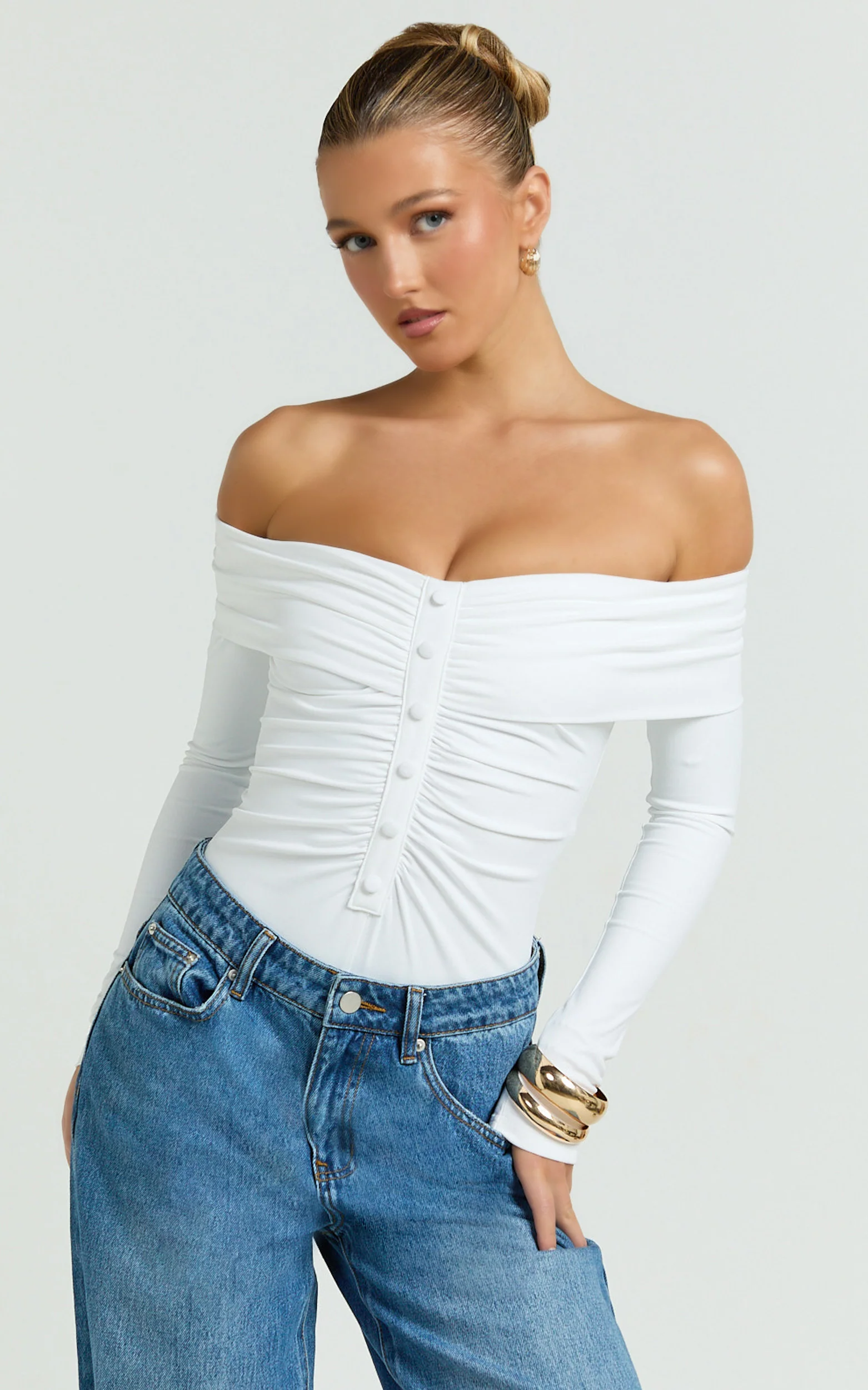 Charisse Bodysuit - Off Shoulder Button Down Bodysuit in White