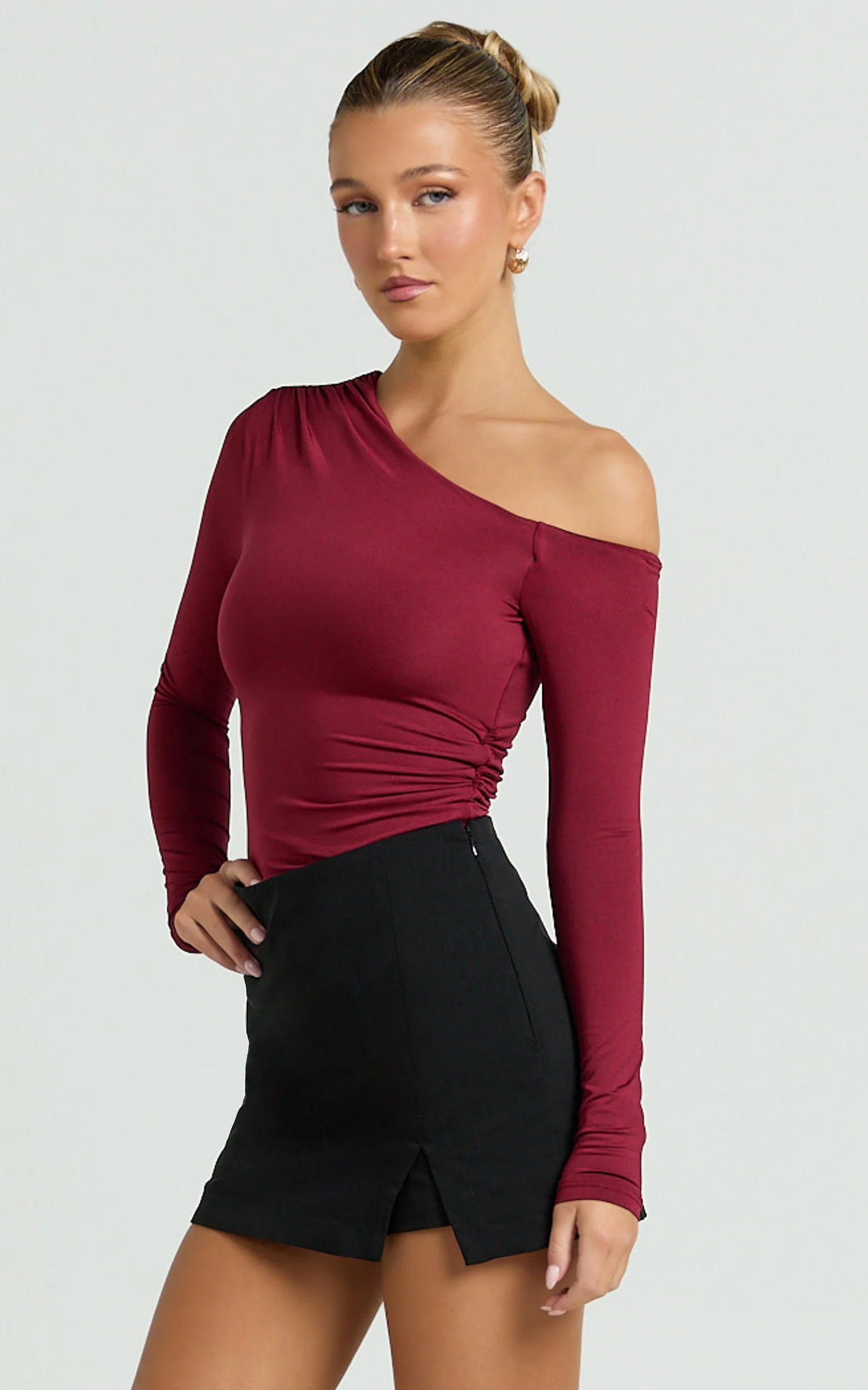 Clarence Top - Long Sleeve Off Shoulder Gathered Top in Burgundy