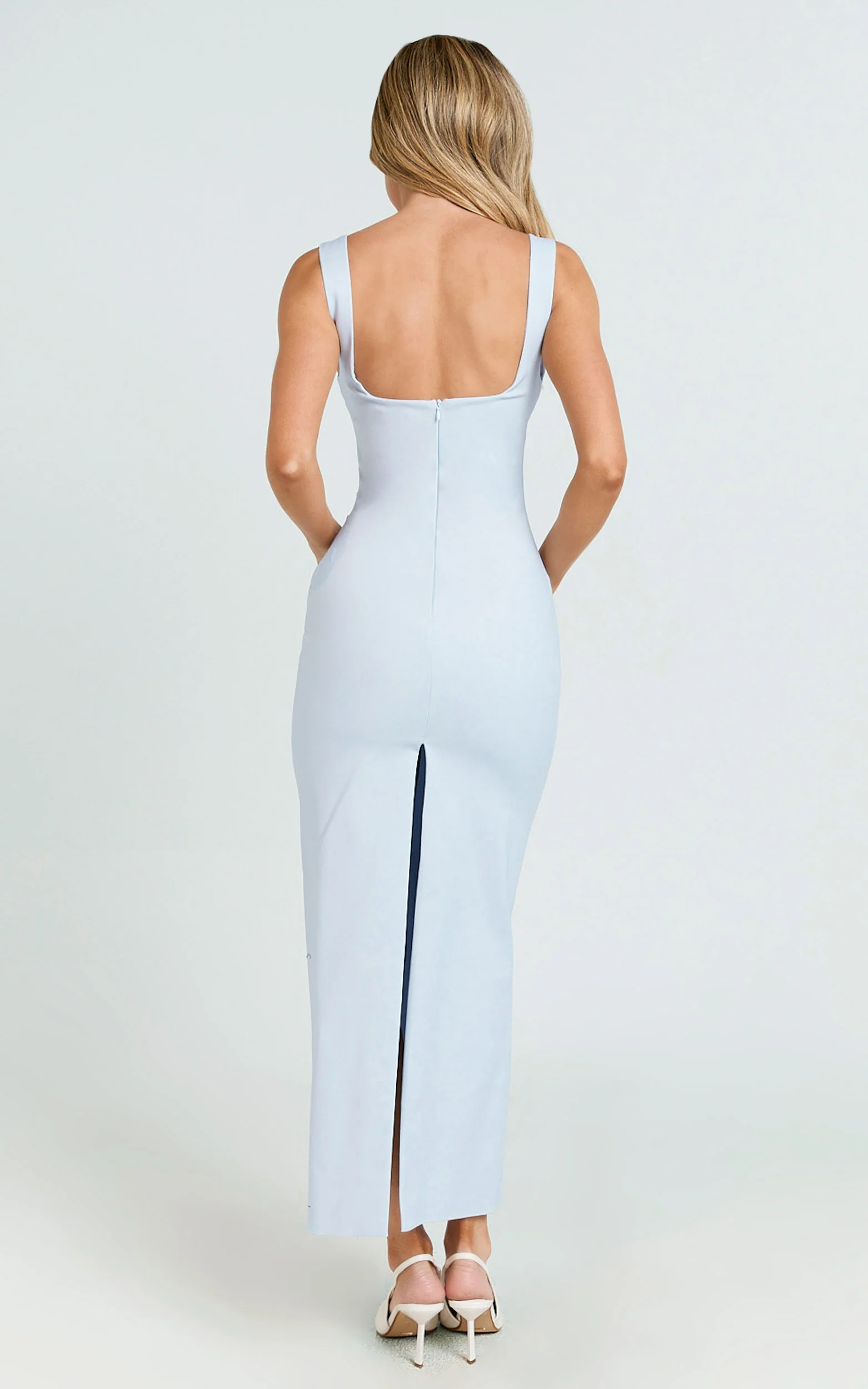 Benita Midi Dress - Scoop Neck Ruched Fitted Dress in Blue