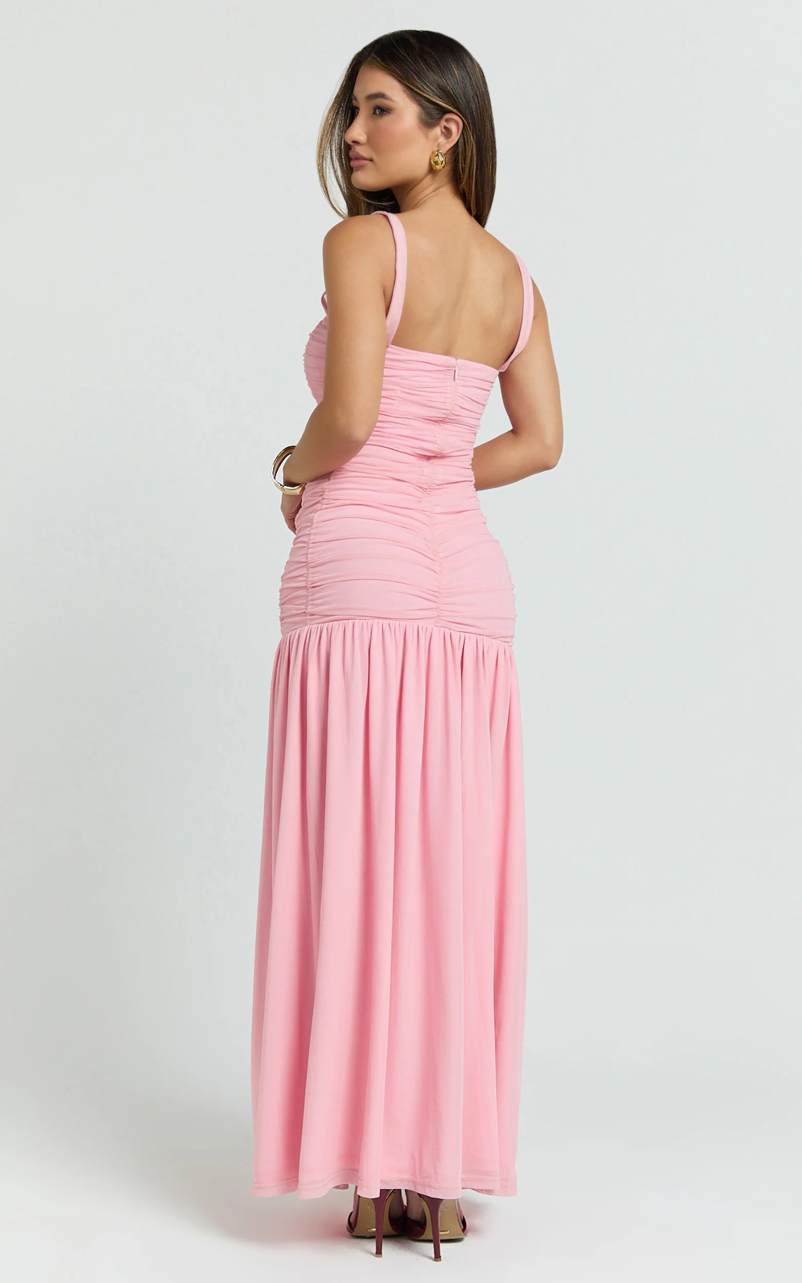 Cardi Maxi Dress - Ruched Mesh High Leg Split Dress in Pink
