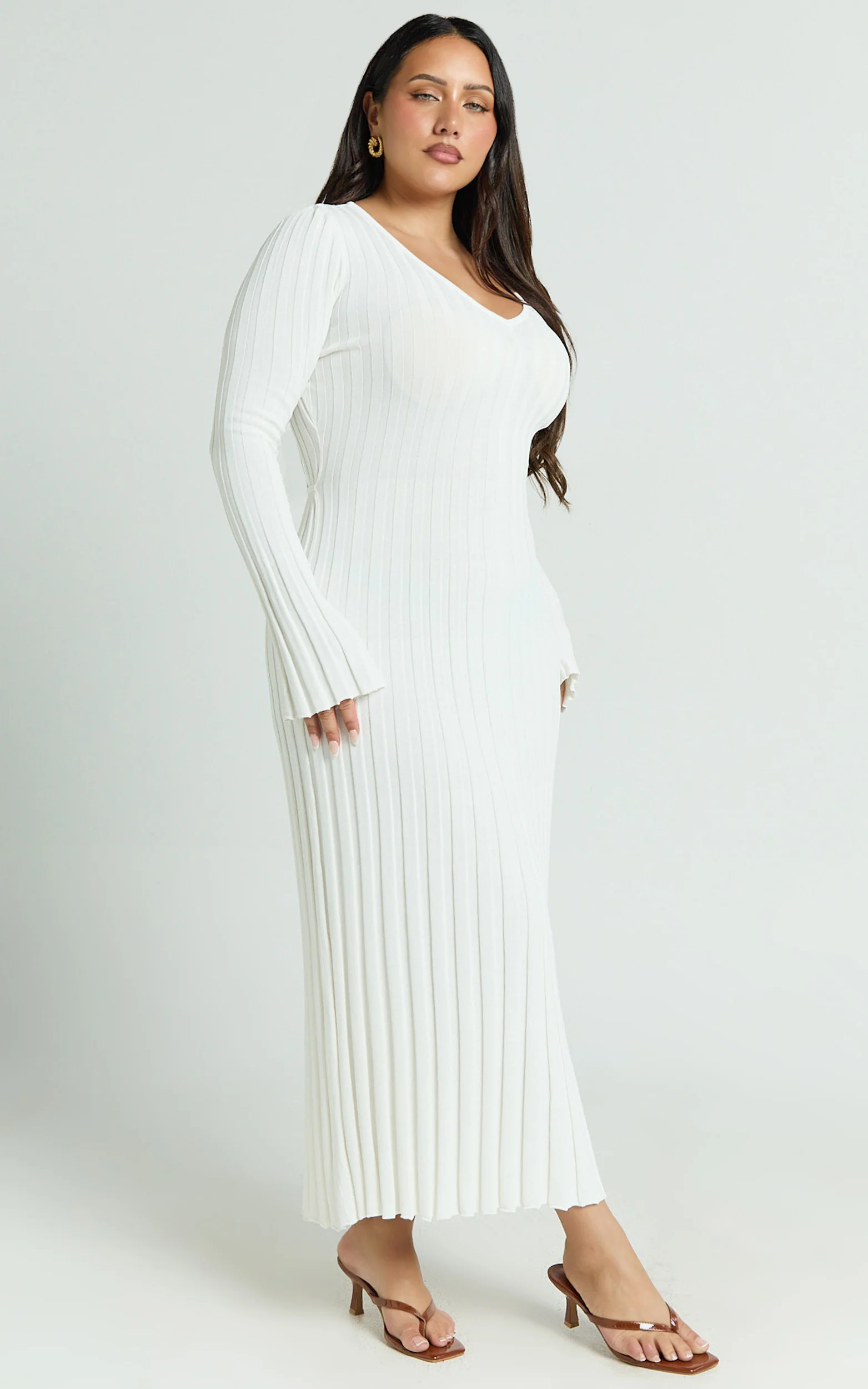 Astra Maxi Dress - V Neck Long Sleeve Knit Dress in White